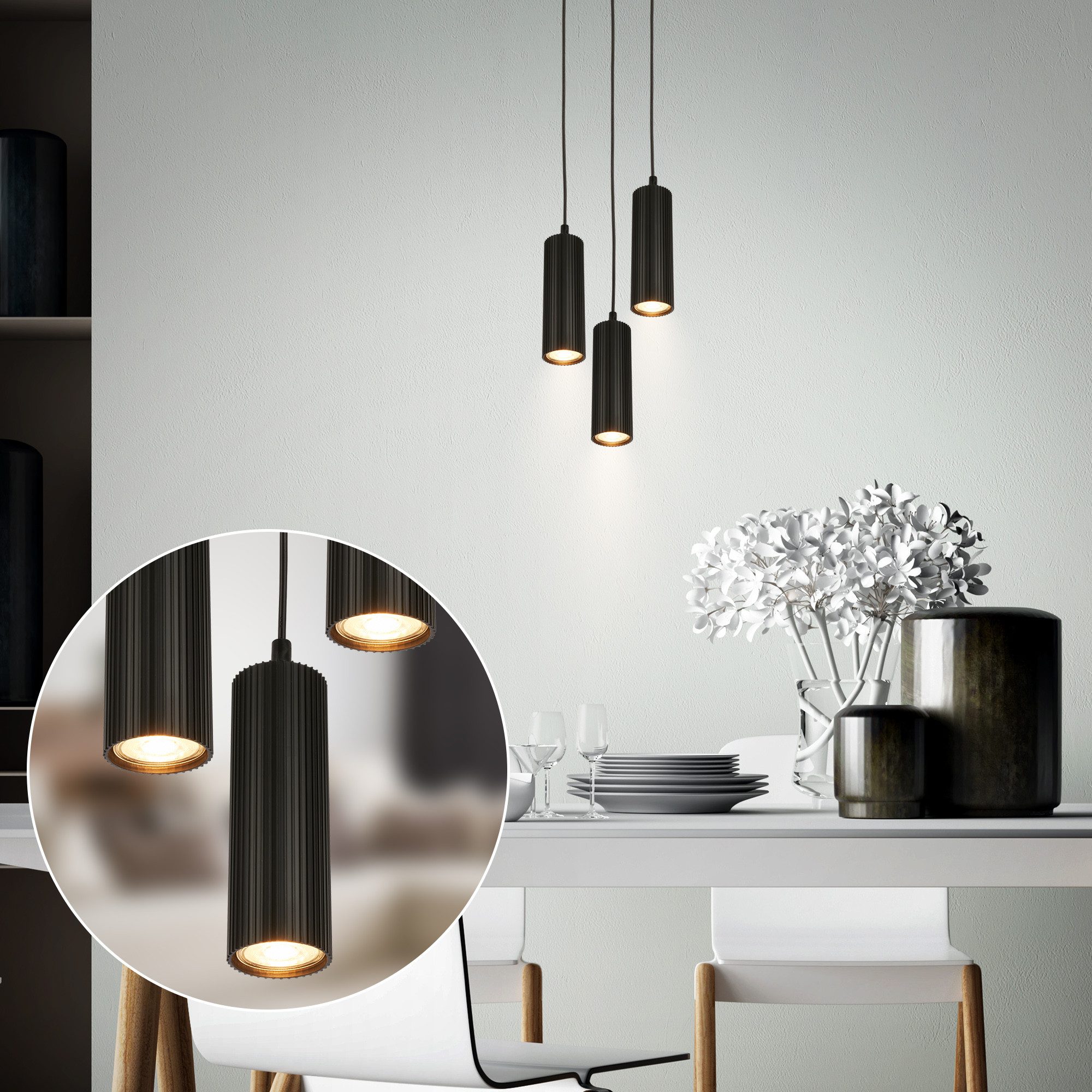 Briloner Leuchten LED Pendelleuchte Hängelampe Höhenverstellbar GU10 Riffle-Optik, 3-Flammig, ohne Leuchtmittel, Abhängig vom Leuchtmittel, 20x120 cm, Esszimmer, Esstisch, Wohnzimmer