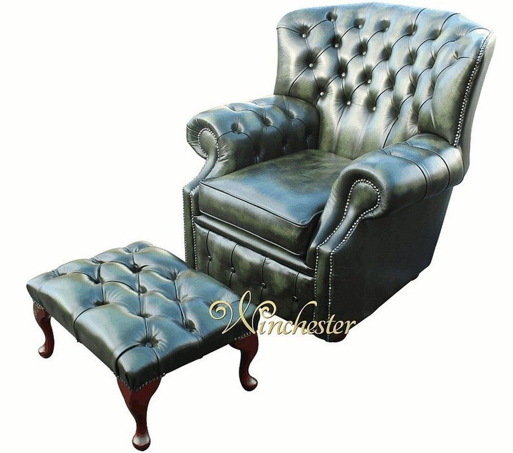 JVmoebel Ohrensessel Chesterfield Ohrensessel mit Hocker aus grünem Echtleder (Packung, 2-St., Sessel mit Hocker), Made in Europa