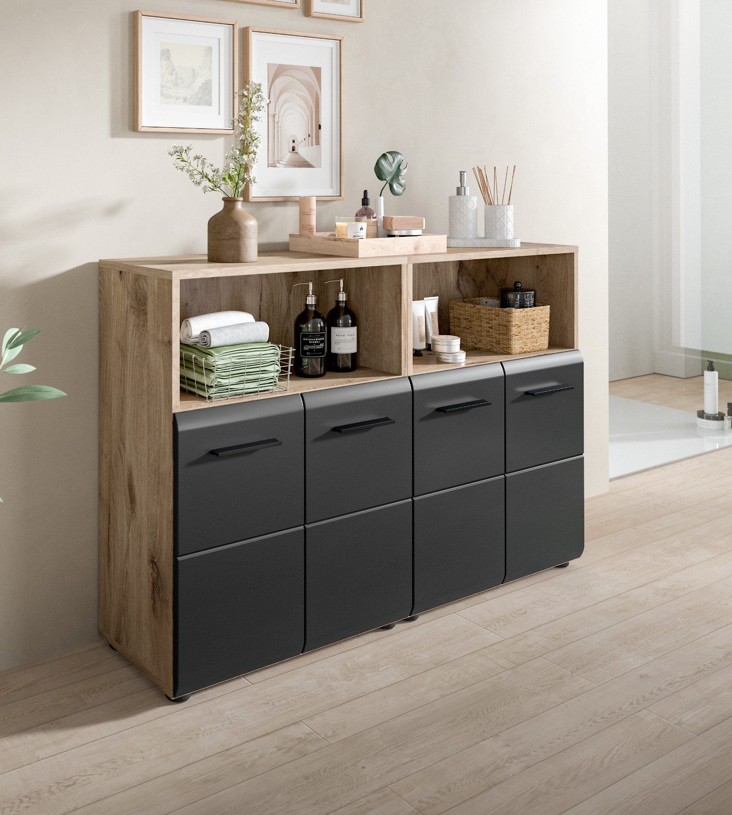 Inn.Furn Badkommode Cover (Spar-Set, 2x Kommode Schwarz und Eiche, 120 x 80 cm), einzeln oder als Doppelkommode