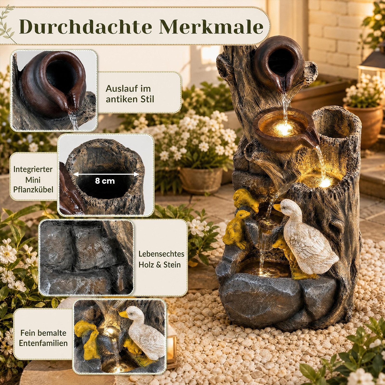 KOMFOTTEU Zimmerbrunnen 4-stufiger Springbrunnen mit LED-Licht & Pumpe, dekorativer Zierbrunnen, 30 x 27 x 57 cm – Bild 3 von 5