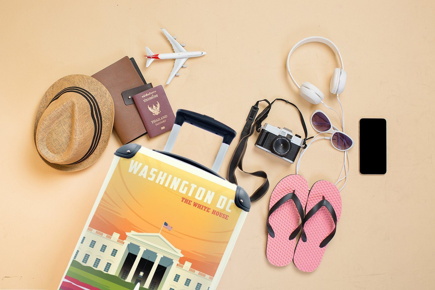 Ferien, 4 Reisetasche in für Washington Weißen Rollen, rollen, MuchoWow Illustration Handgepäckkoffer des Hauses Reisekoffer Trolley, mit DC, Handgepäck