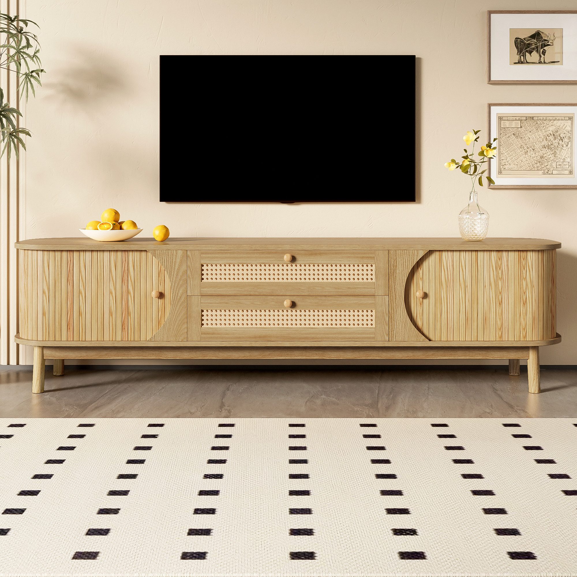 STILVORA Wohnzimmer-Set mit Rattanseiten,TV-Schrank Fernsehschrank mit Schubladen&Schiebetüren, (Packung, 1-St., mit Türen und Schubladen), mit Rattanseiten, Landhausstil