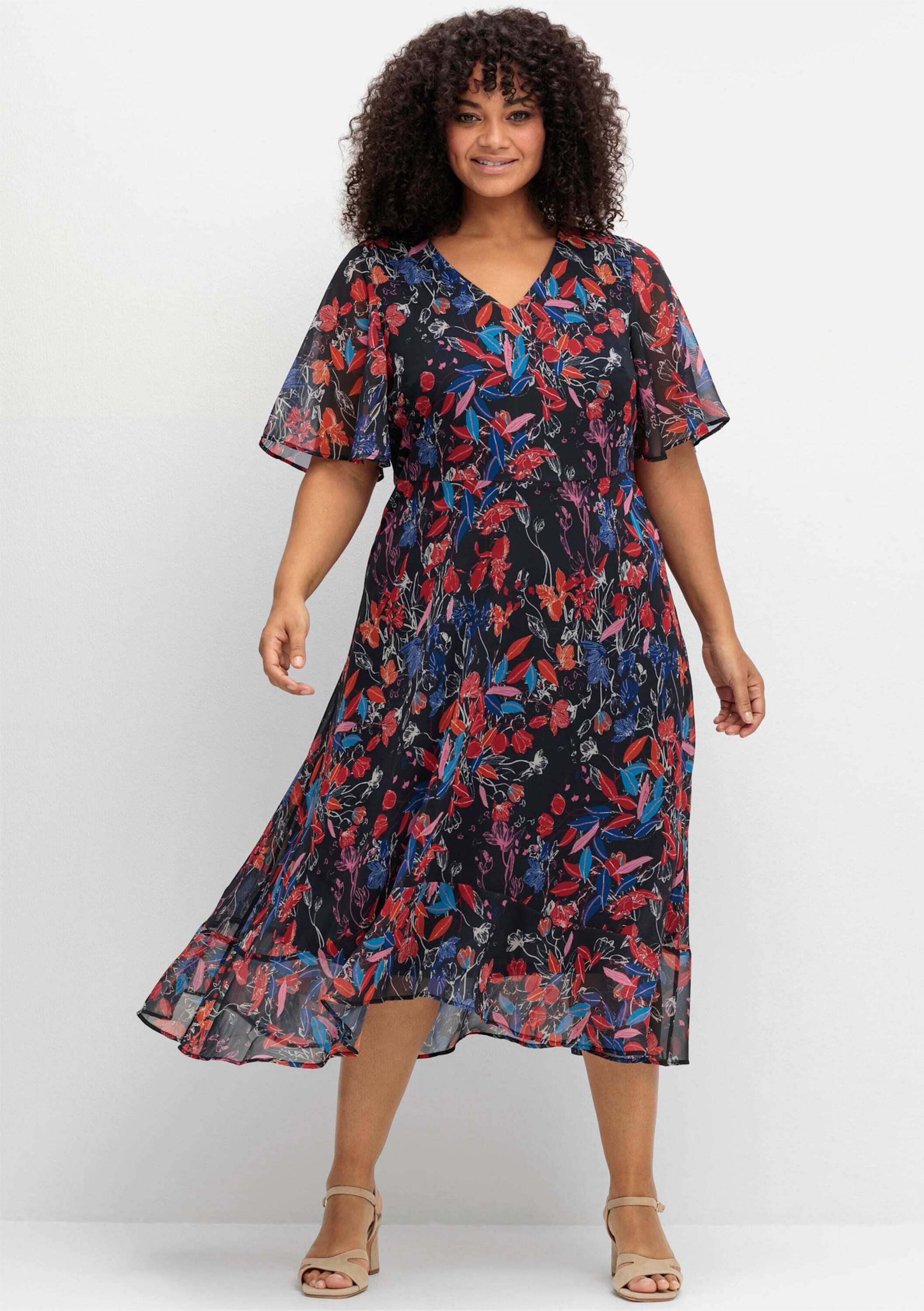 Sheego Etuikleid Chiffonkleid Kurzarm mit Blumendruck und Volant am Saum günstig online kaufen