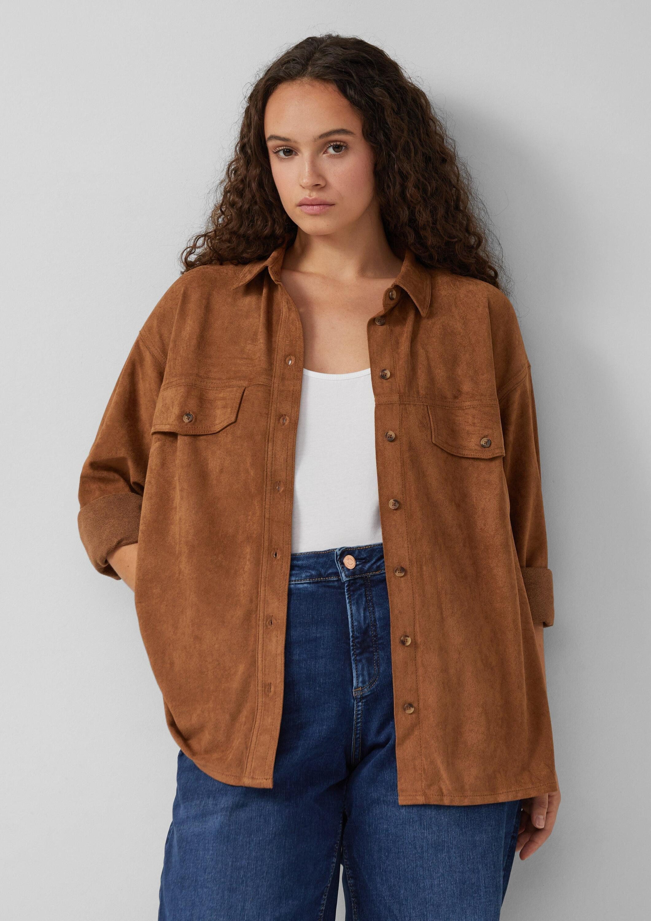 QS Langarmbluse Bluse Hemdbluse in Wildlederoptik günstig online kaufen