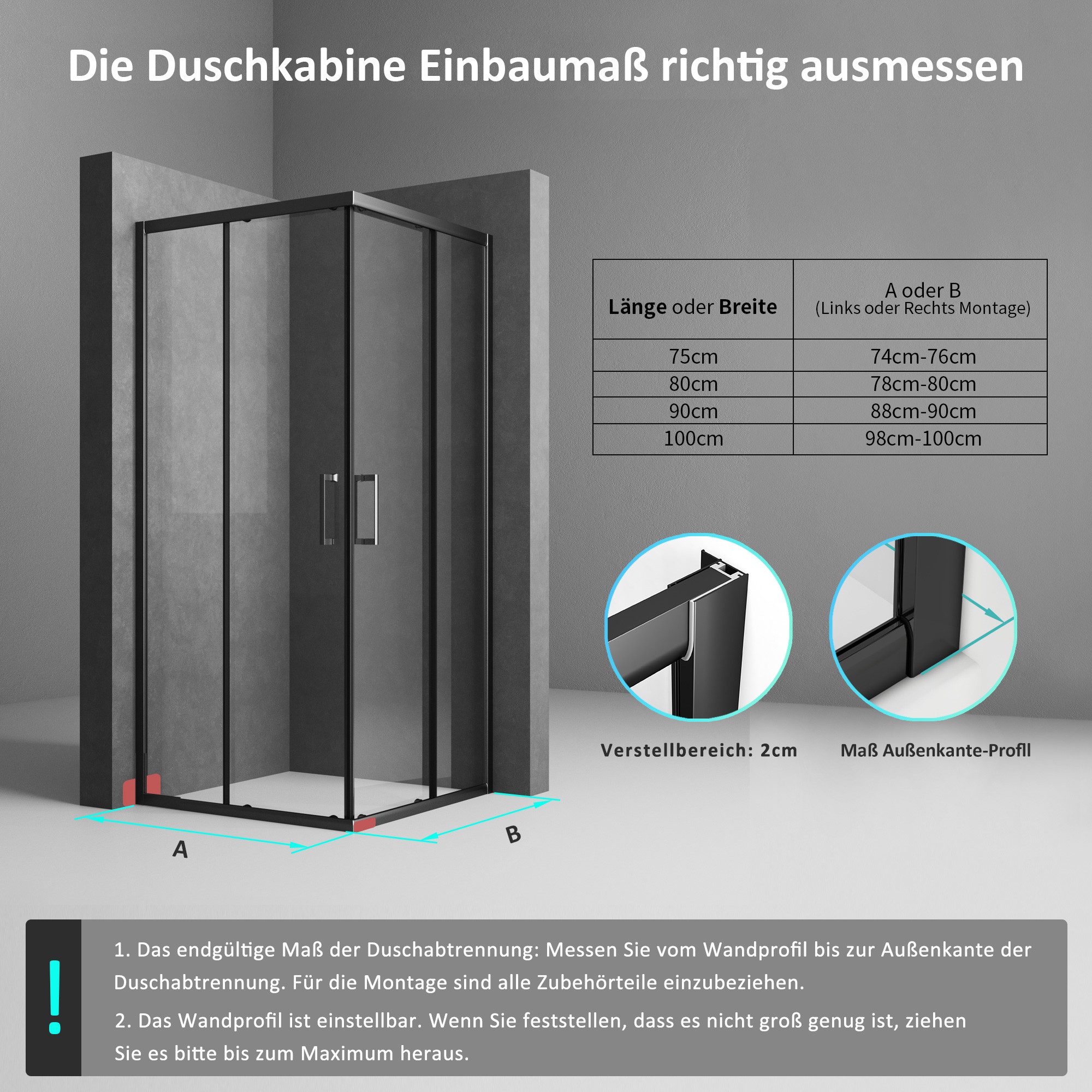 Boromal Eckdusche Schiebetür Glas Weiß Duschkabine Schwarz 90x90 75x90 90x75 80x80 H:185, BxT: 90x90 cm, 5mm Sicherheitsglas, 16 Türrollen, Easy Clean Funktion, Aluprofile, Alurahmen, Magnetdichtleisten, Rechts-und Links montierbar