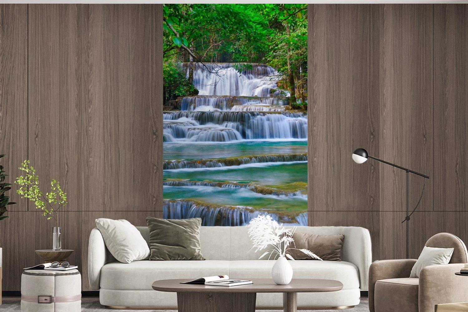 MuchoWow Fototapete Wasserfall - Bäume - Schlafzimmer Wohnzimmer Dschungel, Natur (2 Matt, für bedruckt, Fototapete - St), Vliestapete Küche
