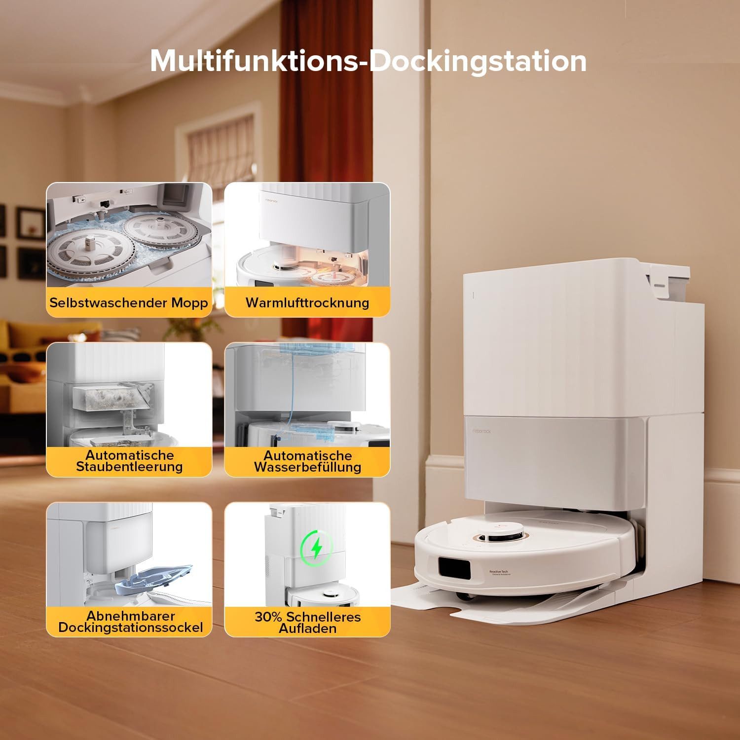 Roborock Saugroboter Qrevo S5V Saugroboter mit Wischfunktion&Hebarem Wischmopp, 60 W, 12.000Pa Saugkraft, Zero-Tangle System, Warmlufttrocknung, Intelligente Hindernisvermeidung, Multifunktions-Dockingstation