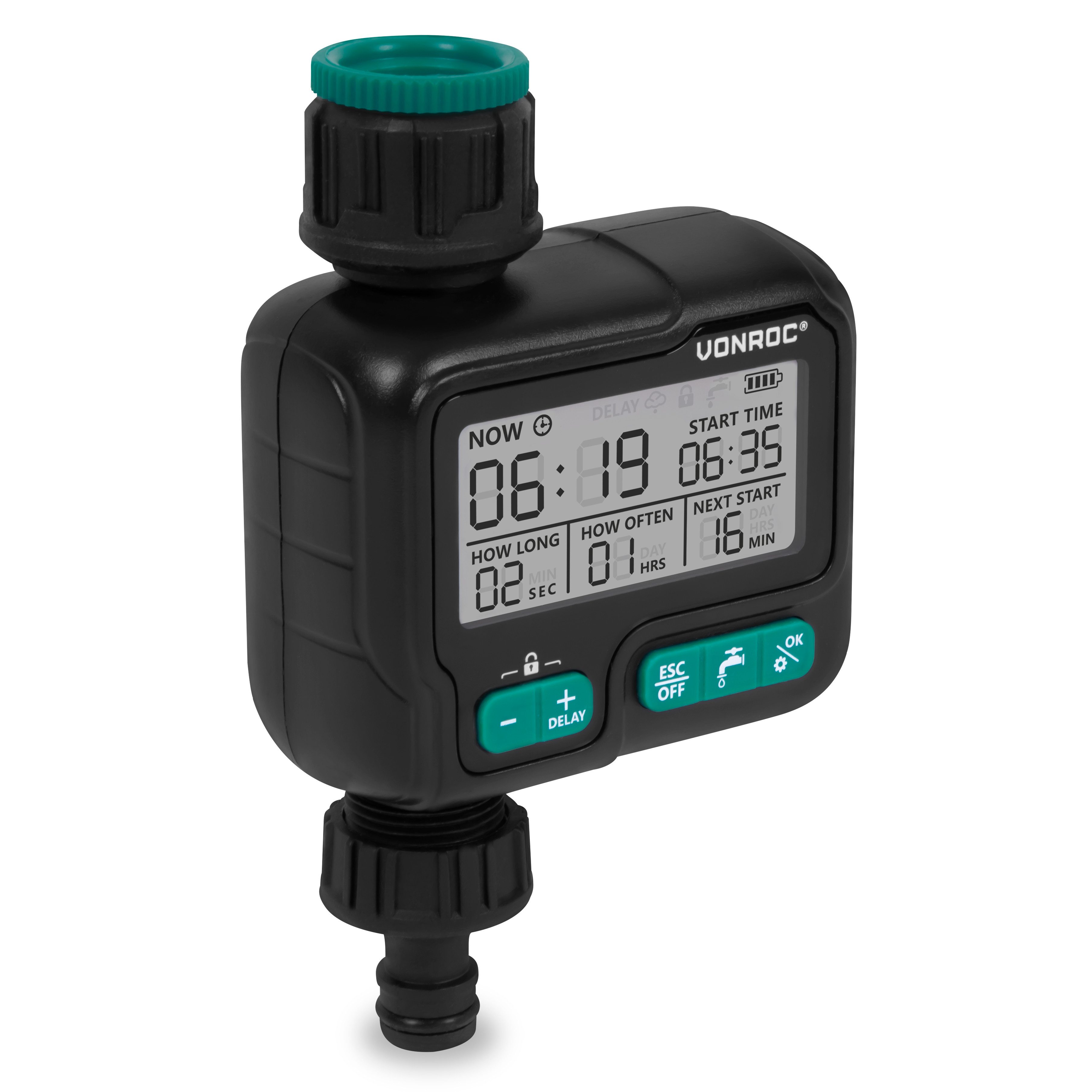 VONROC Bewässerungssteuerung - Wasser-Timer - Automatisches Bewässerungssystem – Breites, (einstellbares Intervall und Dauer: 1 Stunde), bis 15 Tage/1 Sekunde bis 99 Minuten – IPX5 wasserdicht