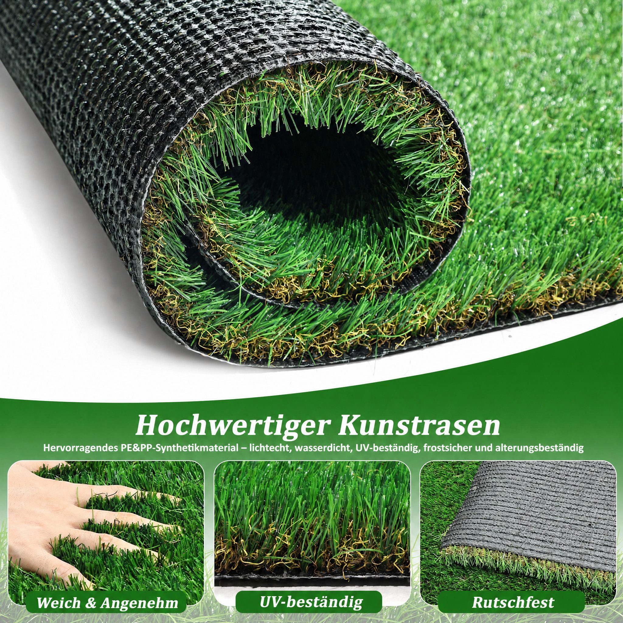 Blossom Kunstrasen 35mm Hochflor, 4-Farbige Premium Rasenmatte mit Drainage, UV-beständig, Höhe: 35 mm, Zuschneidbar, Rutschfest für Garten, Balkon, Terrasse & Haustiere