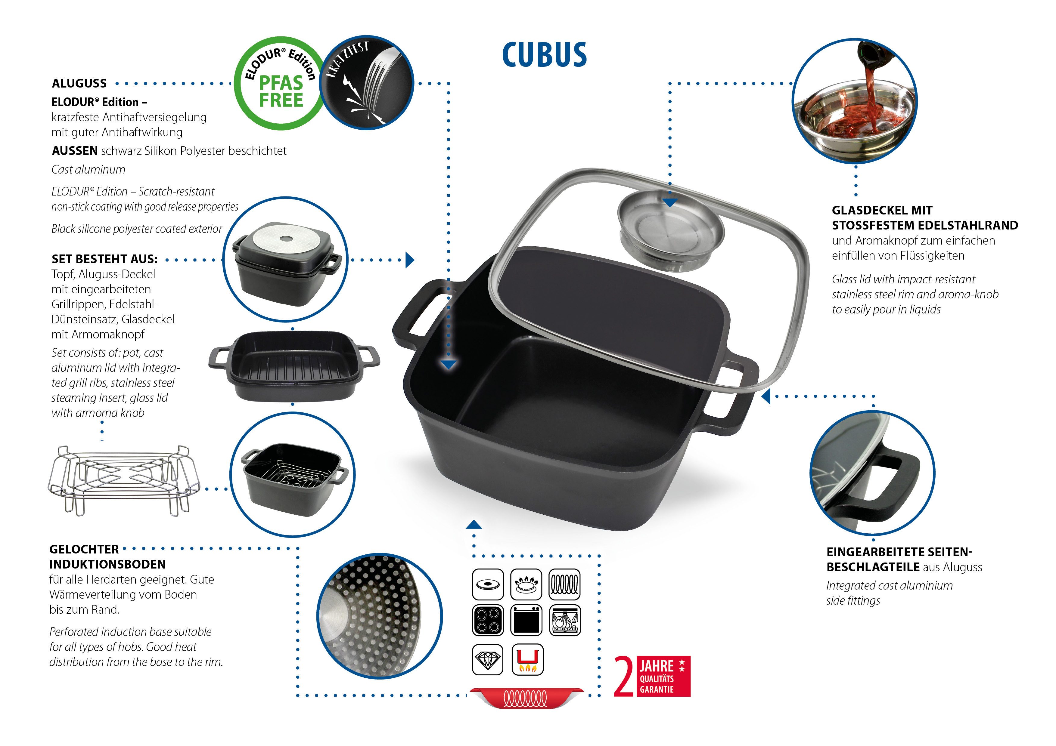 Elo Basic Bräter Multifunktionstopf-Set Cubus, Aluminiumguss (Set, 4-tlg), mit Dünsteinsatz und Grillrillen
