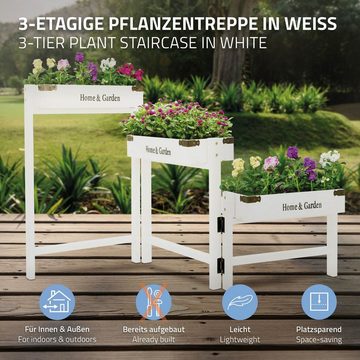 ML-DESIGN Blumenständer Blumenkasten Pflanzenständer Blumenleiter Pflanzenregal Pflanzentreppe, 3 Etagen Weiß Holz 111cm 32x16x7cm zusammenklappbar Rustikal