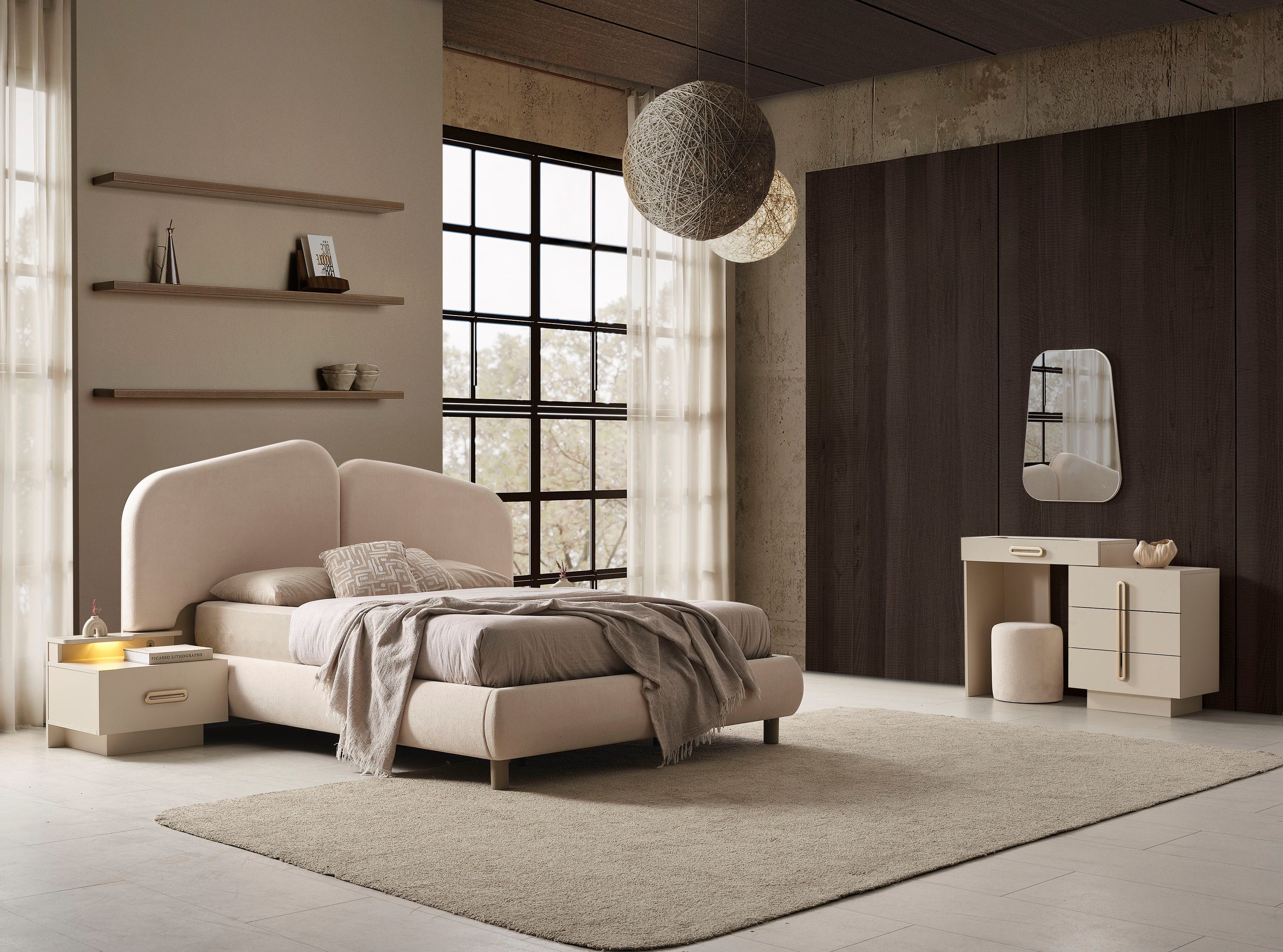 JulietHome Komplettschlafzimmer Hayal, (Set, Kleiderschrank, Boxspringbett, Nachttische, Schminktisch), Integrierte Nacht- und Schminktisch LED-Lichter