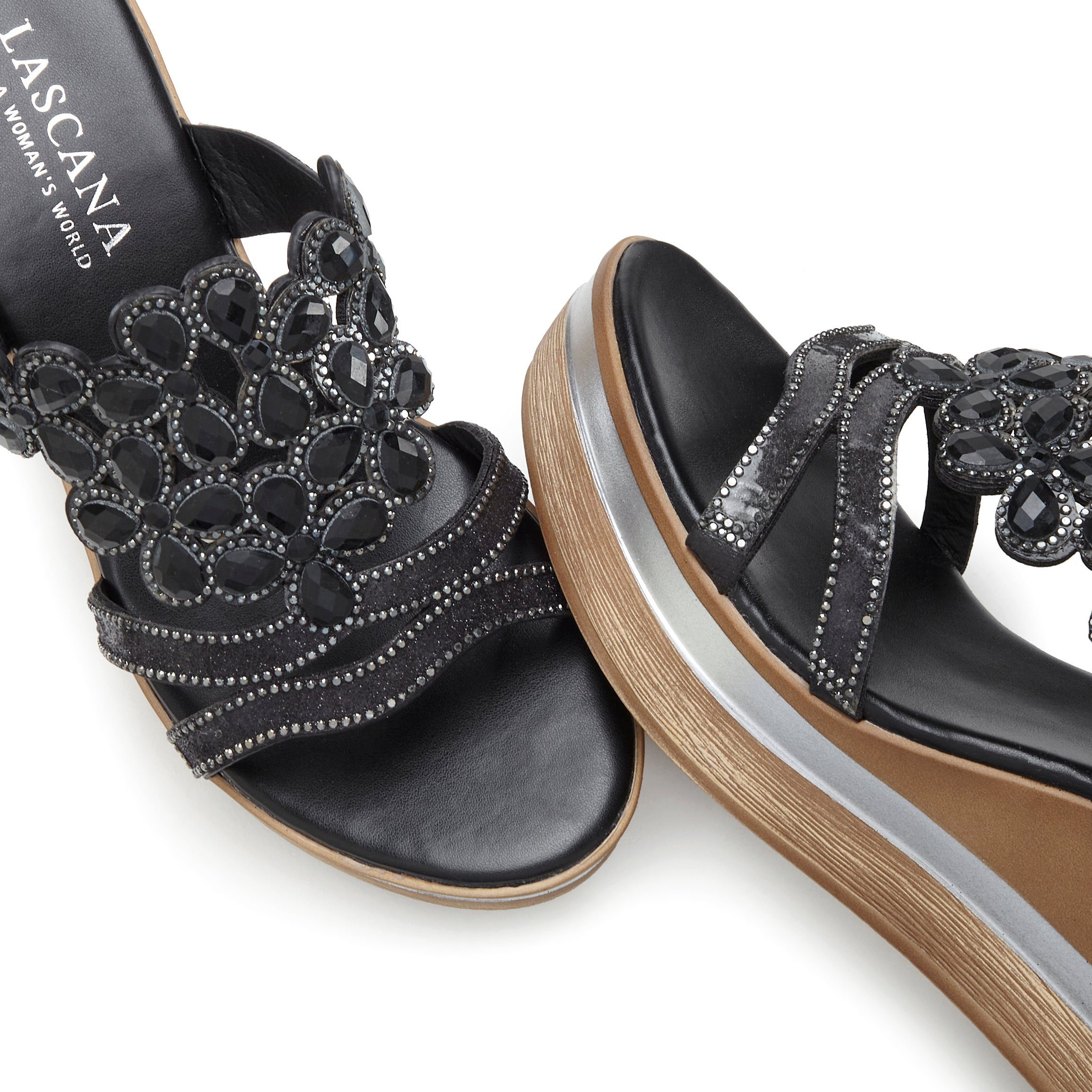 Sandale, und Mule, Pantolette Verzierung schwarz LASCANA Keilabsatz Schuh aufwendiger mit offener