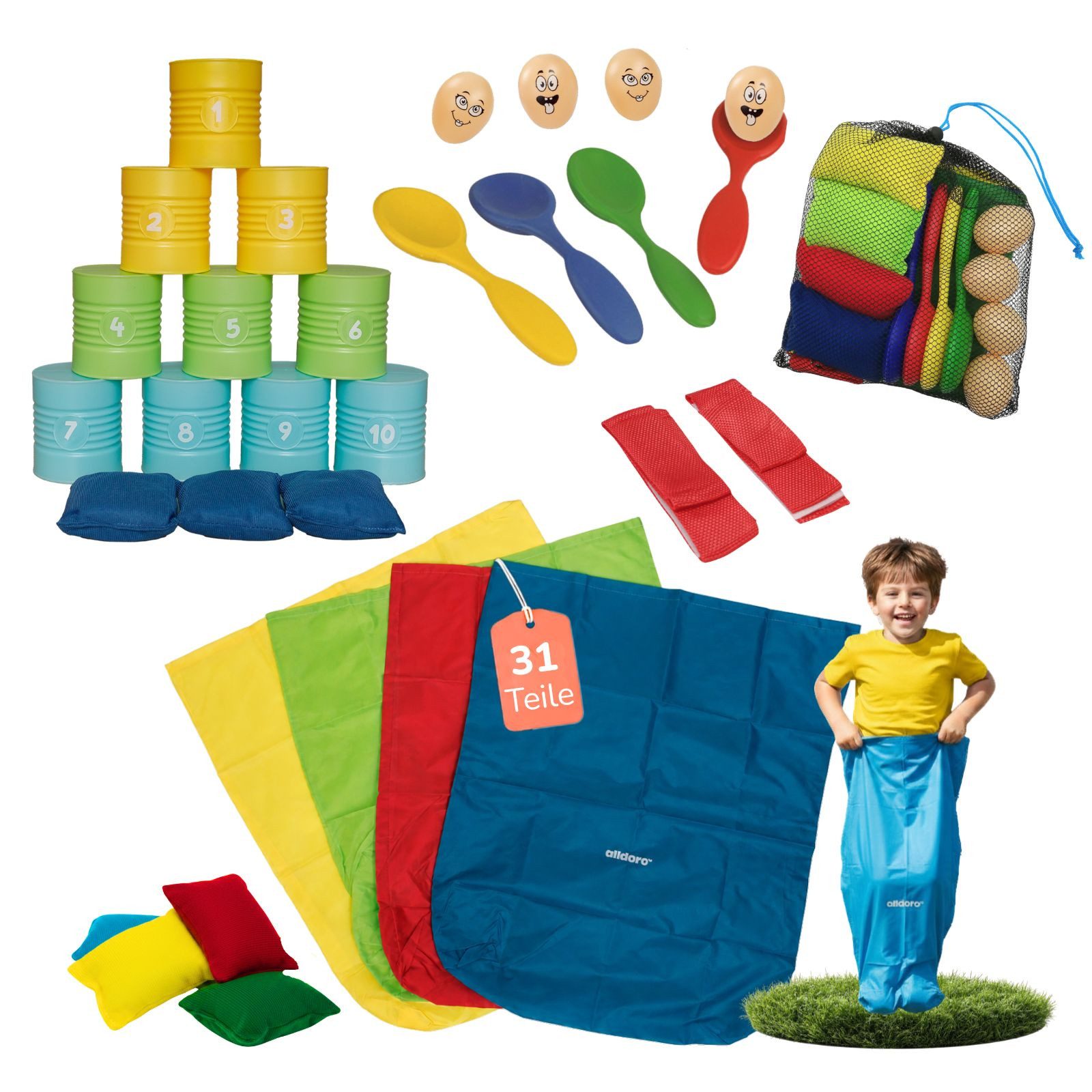 alldoro Spiel XL Kinderparty-Set, 31 Teile, Dosenwerfen, Sackhüpfen, Eierlauf & mehr, 5 Spiele für Kindergeburtstag, drinnen & draußen, Kinder ab 3 Jahre