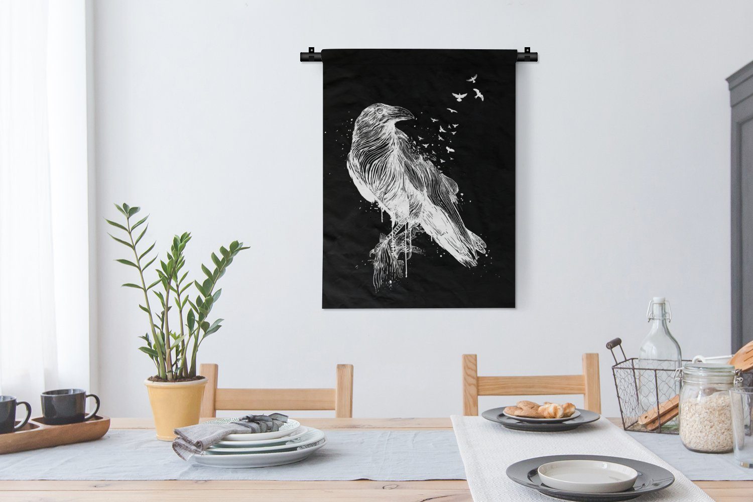 - Wanddekoobjekt für Vogel Weiß, - Deko der Krähe an Wand, MuchoWow Schwarz Schlafzimmer - Tapisserie, Wohnzimmer,