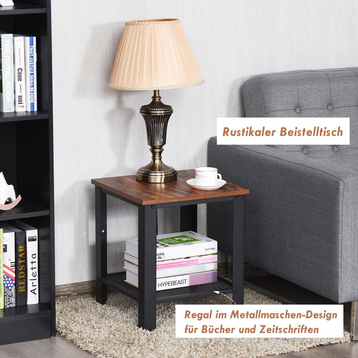 COSTWAY Nachttisch Beistelltisch, mit Gitterablage, 40 x 40 x 45,5 cm