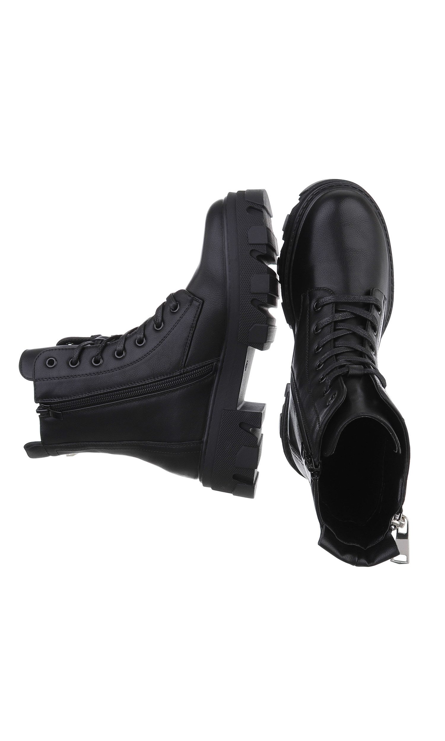Ital-Design Moderne Schnürstiefelette mit Reißverschluss und robuster Profilsohle Schnürstiefelette (72344510) Blockabsatz Plateaustiefeletten in Schwarz