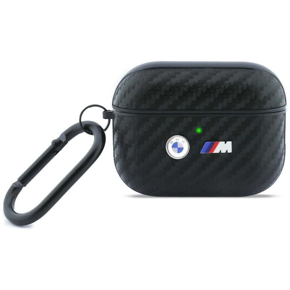 BMW Kopfhörer-Schutzhülle Ohrhörerhülle Karabinerhülle Schutzetui, Carbon-Optik, Metall-Logo, Karabinerring