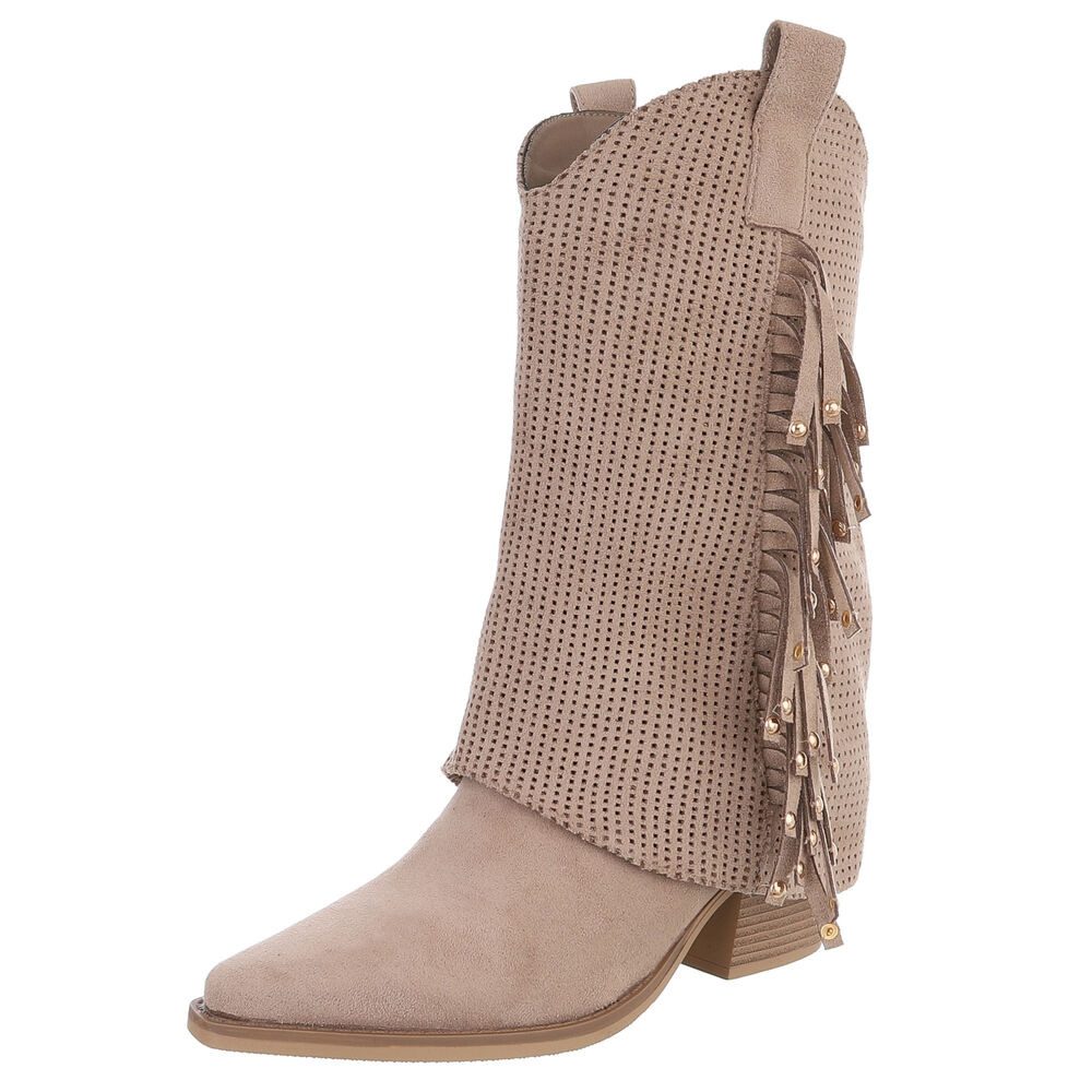 Ital-Design Damen Boots mit Fransen und perforiertem Design Westernstiefel (91154611) Blockabsatz Stiefel in Hellbraun
