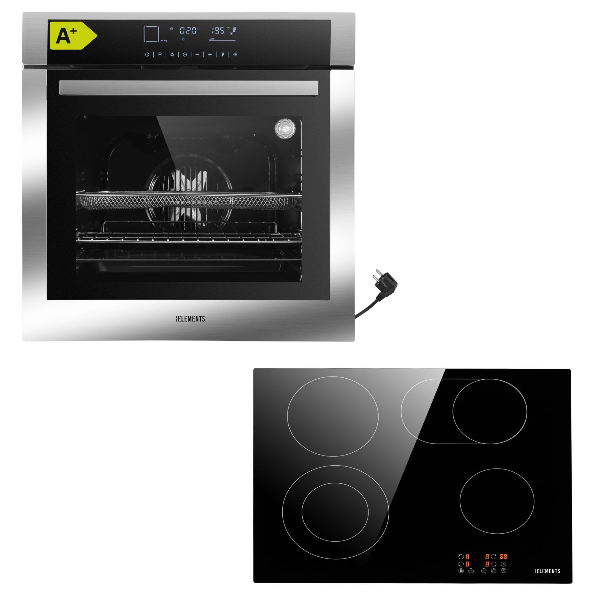 KB Elements Induktions Herd-Set Einbaubackofen 60 cm mit 4-Zonen Glaskeramik Kochfeld 60 cm, mit 2-fach-Teleskopauszug, AQUA CLEAN, Einbaubackofen Full Touch mit 15 Funktionen, Air Fry Funktion