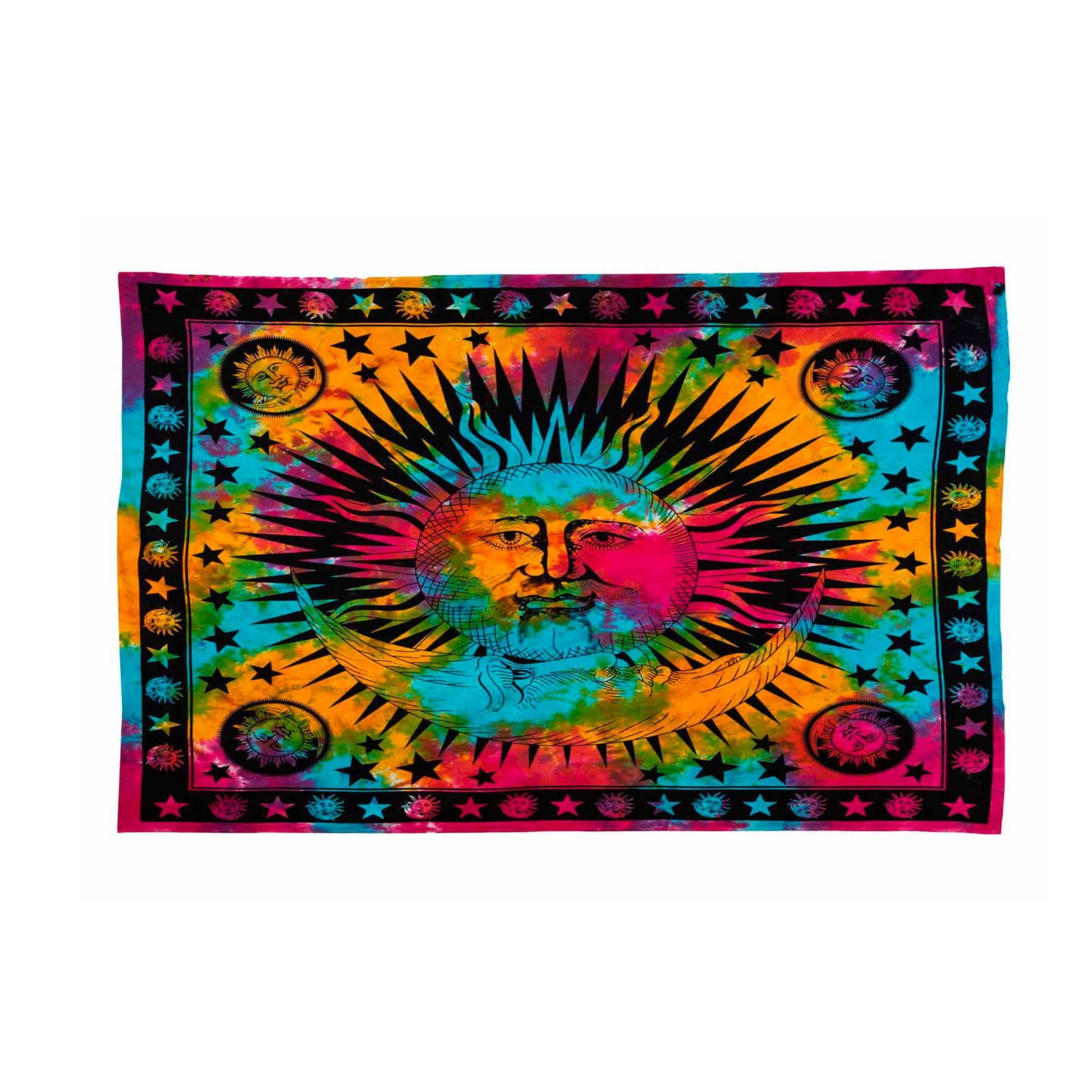 KUNST UND MAGIE Wandteppich Tagesdecke Wandbehang Bunt Sonne Mond und Sterne Hippie ca.200 x 140cm