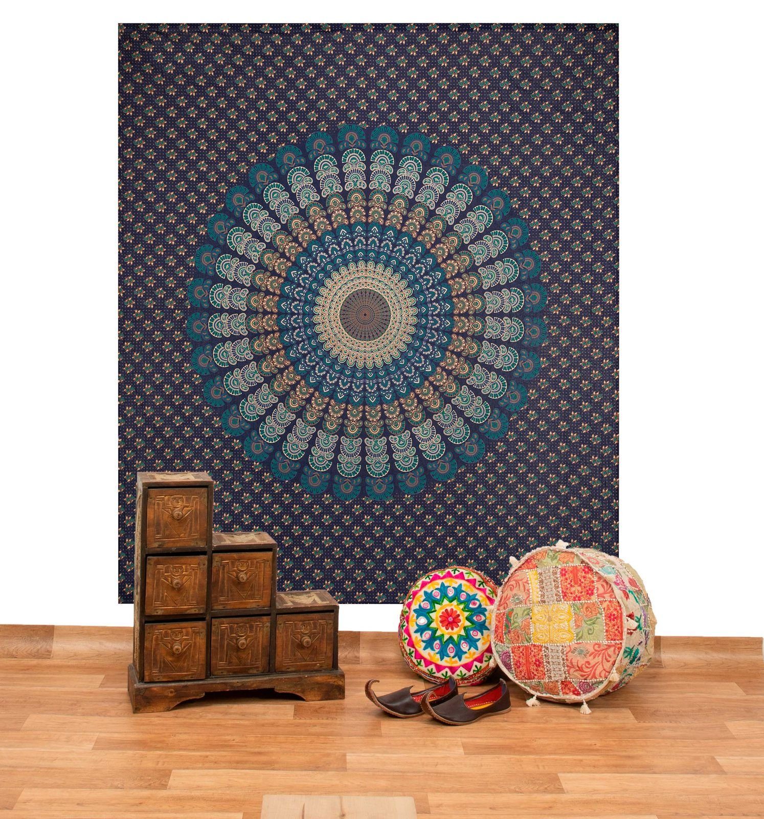 Wandteppich Tagesdecke Wandbehang Mandala Deko Tuch Peacock Pfau XL ca 200x230cm, KUNST UND MAGIE