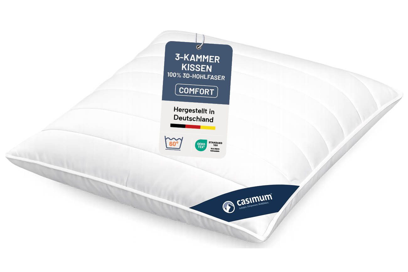 casimum 3-Kammer-Kopfkissen COMFORT Kissen 3D-Hohlfaser (Außen), Füllung: 3D-Hohlfaser, 100% Polyester (Außenkammer), Bezug: 100 % Baumwolle, Seitenschläfer, Rückenschläfer, pflegeleicht & komfortabel, weiches Kopfkissen 80x80, Kissen 40x80cm