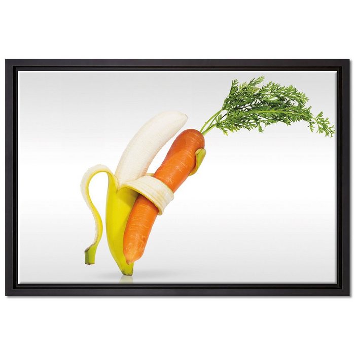 Pixxprint Leinwandbild Tanz von Banane und Mohrrübe Wanddekoration (1 St) Leinwandbild fertig bespannt in einem Schattenfugen-Bilderrahmen gefasst inkl. Zackenaufhänger