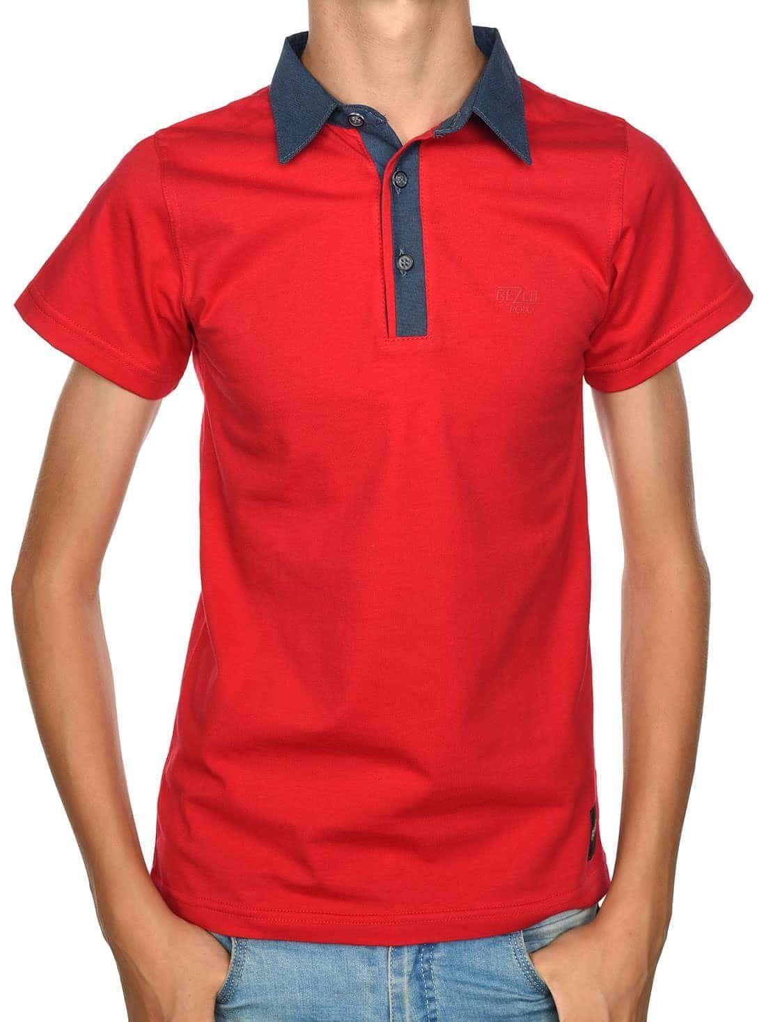 Shirt Rot mit Casual Kurzarmshirt Kontrastfarben Jungen Polo (1-tlg) BEZLIT