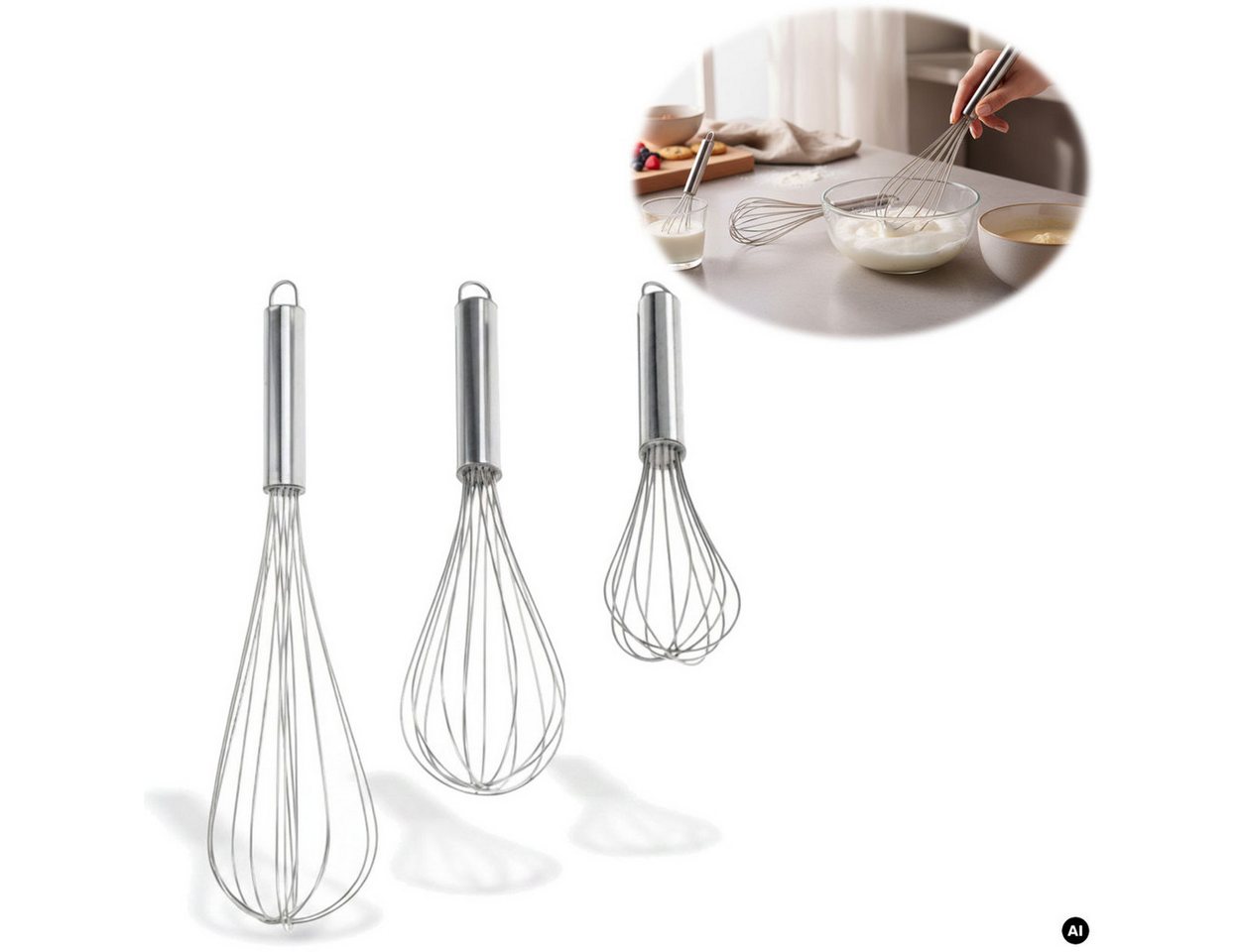 LS-LebenStil Schneebesen Edelstahl Rührbesen 3´er Set 21cm 26cm 31cm mit Aufhängeöse, Küchenhelfer zum Backen, Kochen, für Saucen, Teig, Sahne und Eier