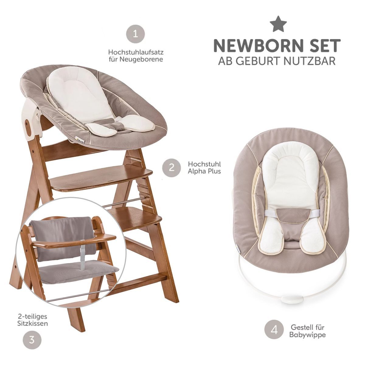 Hauck Hochstuhl Alpha Plus Newborn Set - Walnut, Holz Babyhochstuhl ab Geburt inkl. Neugeborenenaufsatz & Sitzauflage