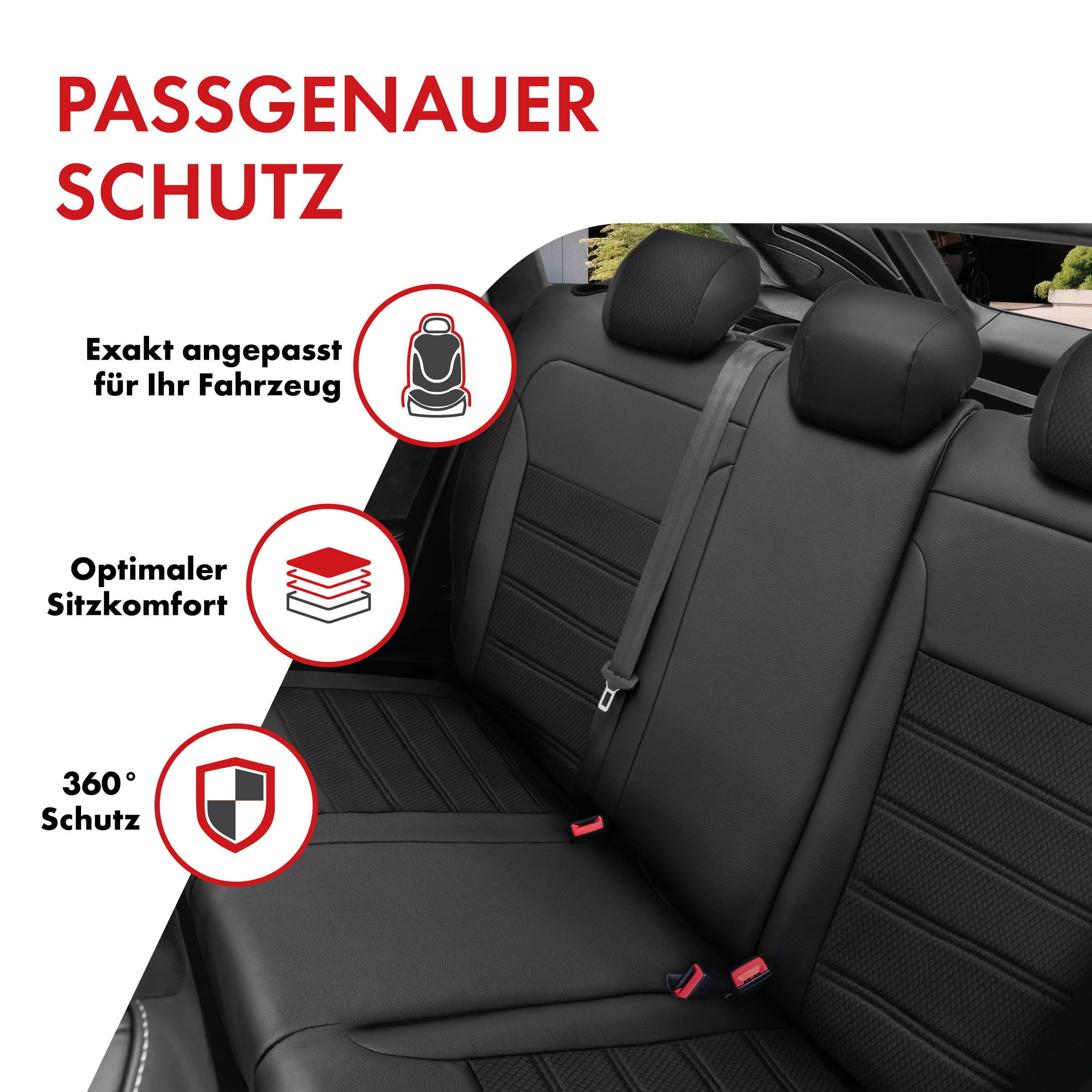 WALSER Autositzbezug Sitzbezug Passform PKW, 1 Rücksitzbezug Sport, Kopfstützenbezüge, 1 Mittelarmlehnenbezug, Sitzseitenwangenbezüge, Lehne 3/3 geteilt, 8-tlg.