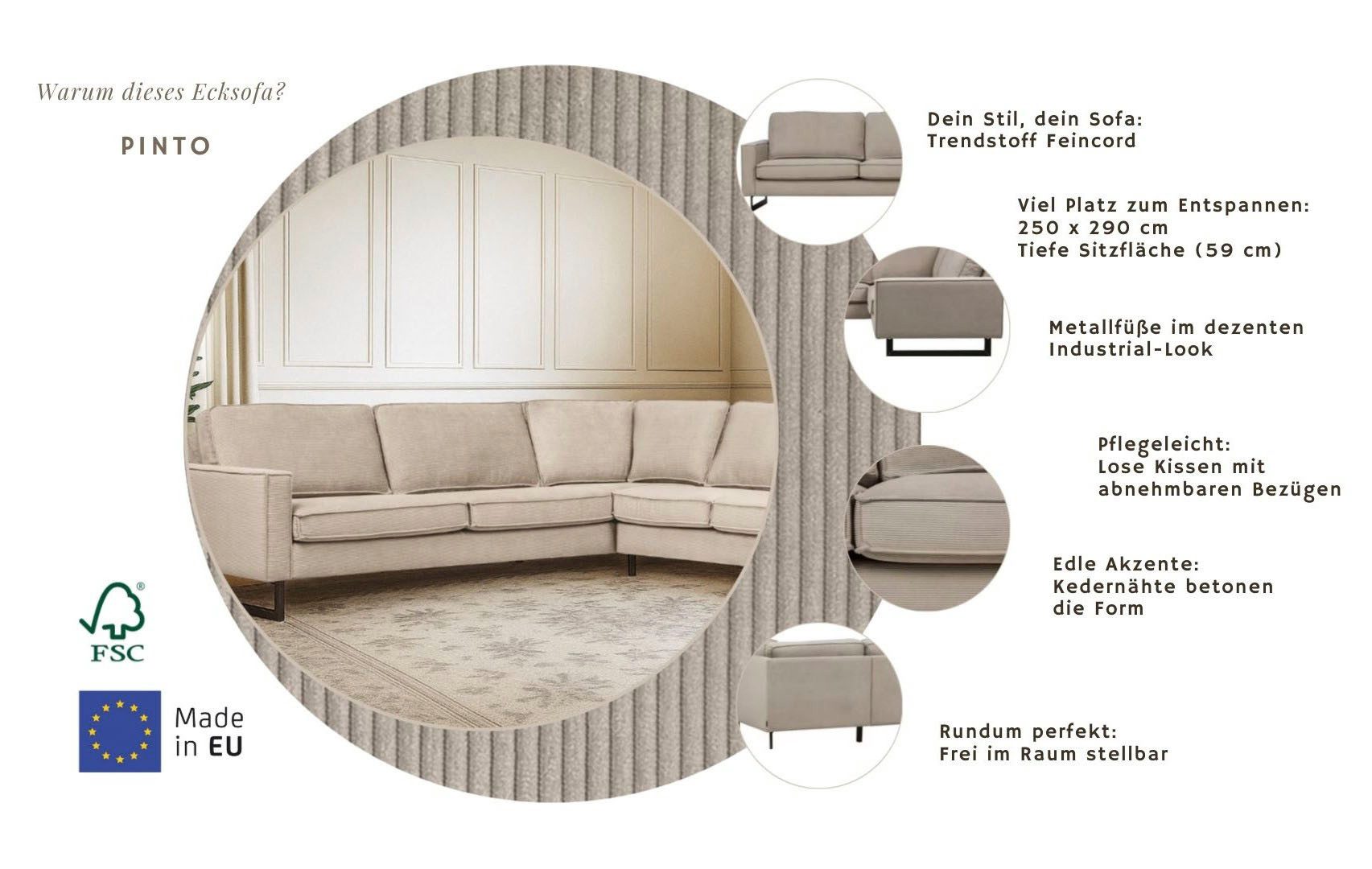 Home affaire Ecksofa Pinto, XXL, 250/290 cm, langer Schenkel, Ottomane, Cord, Chenille, Lederoptik, mit Keder, Metallfüße, Wellenunterfederung
