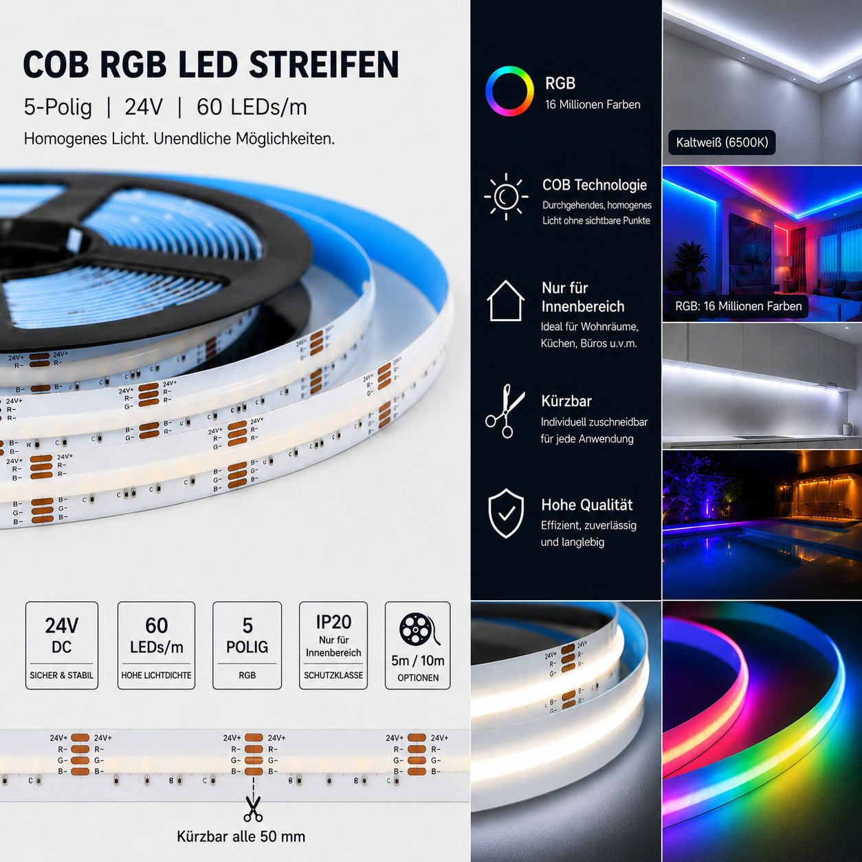 GTV LED Stripe 24V COB RGB LED Strip Punktfreie 12mm Farbwechsel dimmbar Innenbereich, Punktfreie COB-Lichtlinie, alle 5 cm kürzbar, RGB, 24 Volt