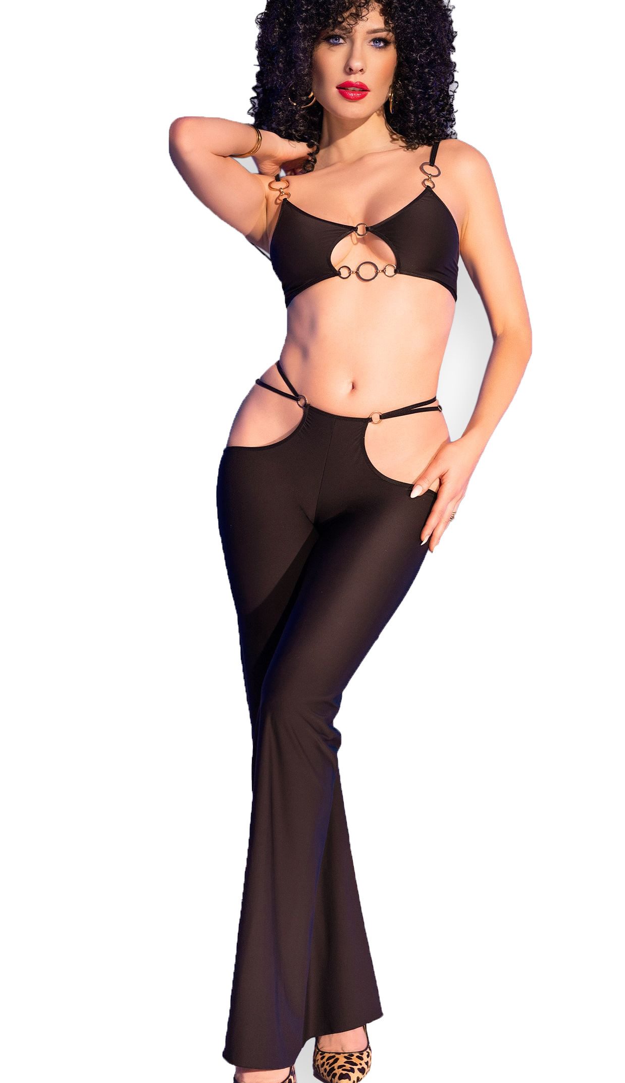 Chilirose Top & Leggings Skinny Set Riemchen Outfit mit schwarzem Satin BH Leggings Top Eng geschnitten