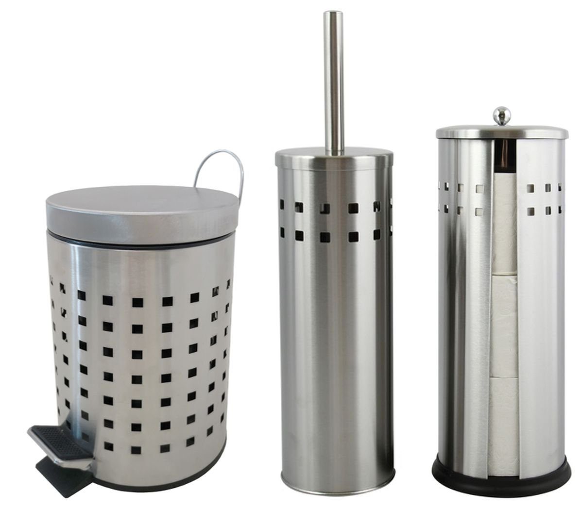 MSV Badaccessoires-Sets BADSET EDELSTAHL, Badezimmer Set aus rostfreiem Edelstahl, klassisches Design in attraktiver Matt-Optik, 3 tlg., bestehend aus: Kosmetikeimer 3L, WC Toilettenbürsten Garnitur, Toilettenpapier Ersatzrollenaufbewahrung