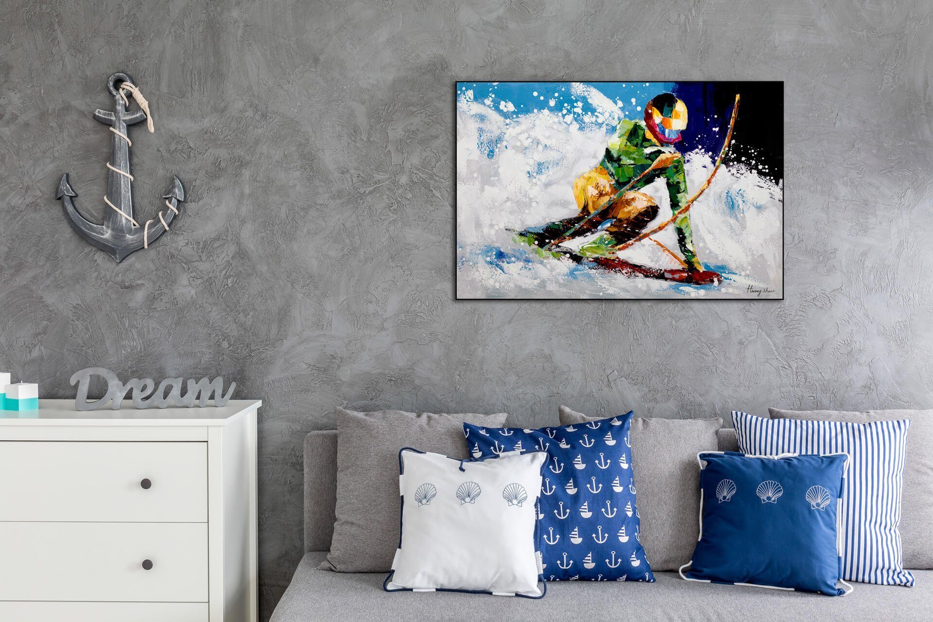 Wohnzimmer Gemälde Wandbild 90x60 Snow the Ride Leinwandbild cm, HANDGEMALT in 100% KUNSTLOFT