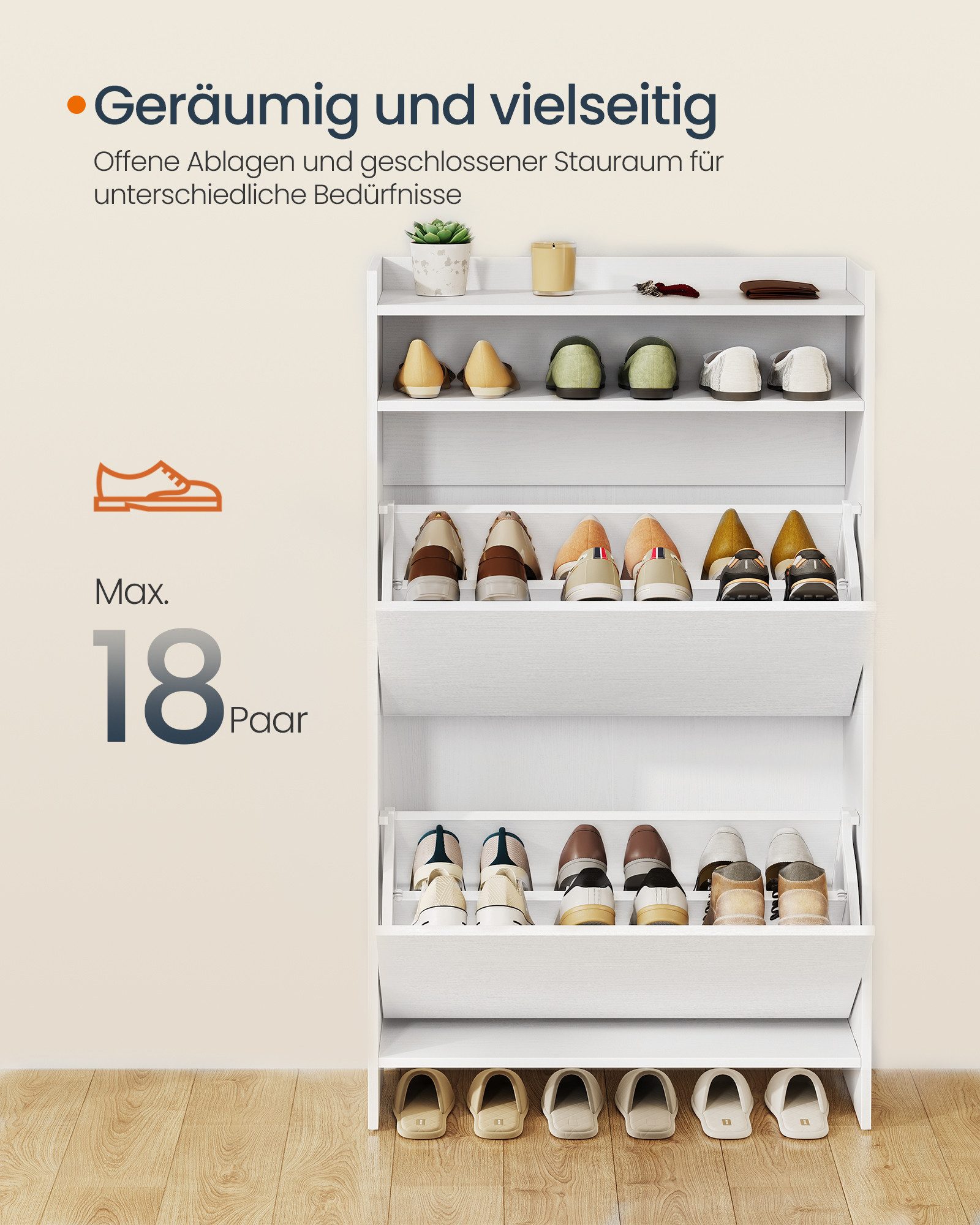 SONGMICS HOME Schuhschrank 2 Klappen, Schuhkipper schmal, Schuhaufbewahrung, 24x60x102,8 cm, weiß superschnelle werkzeuglose Montage, Trennwand verstellbar, modern