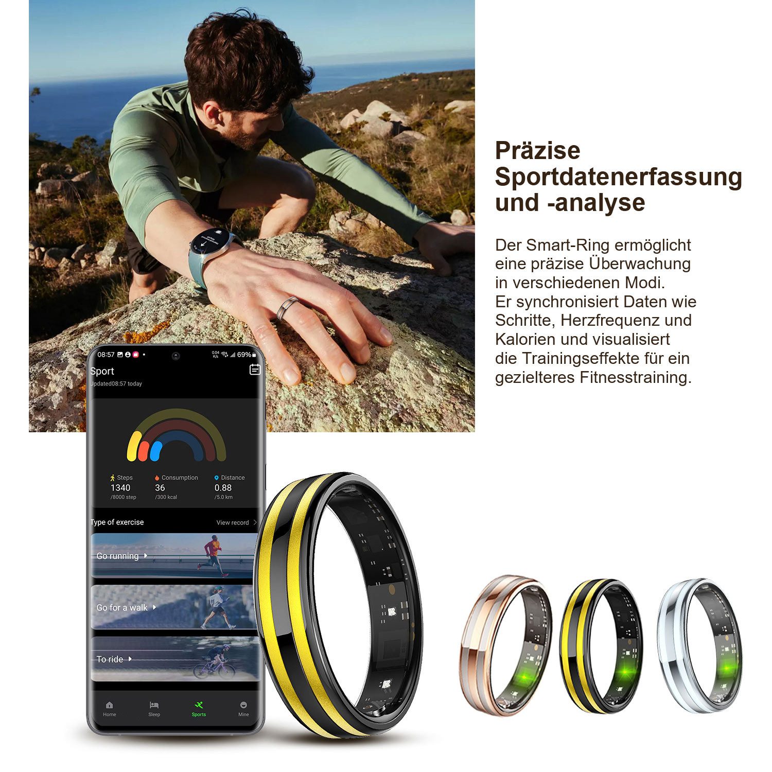 Refttenw Smart Ring Smart Ring zur Gesundheitsüberwachung,Schlafanalyse,Herzfrequenz, Menstruationszyklus-Erinnerung,Bluetooth-Fotoaufnahme