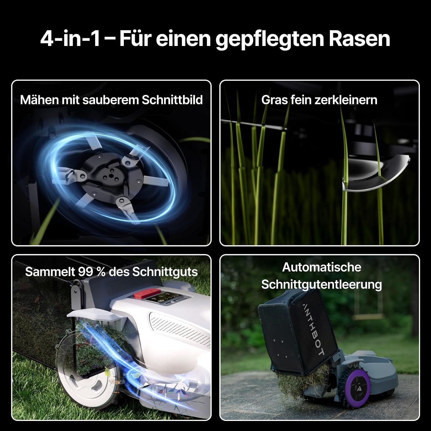 ANTHBOT Rasenmähroboter N8 Serie ohne Begrenzungskabel, 4-in-1, 23L Fangkorb, Auto-Entleerung, bis 1500 m² Rasenfläche, (Mähen, Mulchen, Sammeln & Laubkehren für Sommer & Herbst, Full-Band-RTK, HDR-Dual-Vision & KI-Hindernisvermeidung), Auto-Kartierung, Schnitthöhe per App, bis 45 % Steigung, 4G-Modul