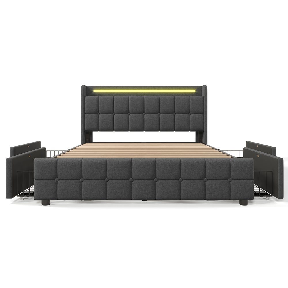 Polsterbett (Stauraumbett mit Lattenrost), Dopplebett 180x200cm mit LED-Beleuchtung, Ladefunktion & 4 Schubladen