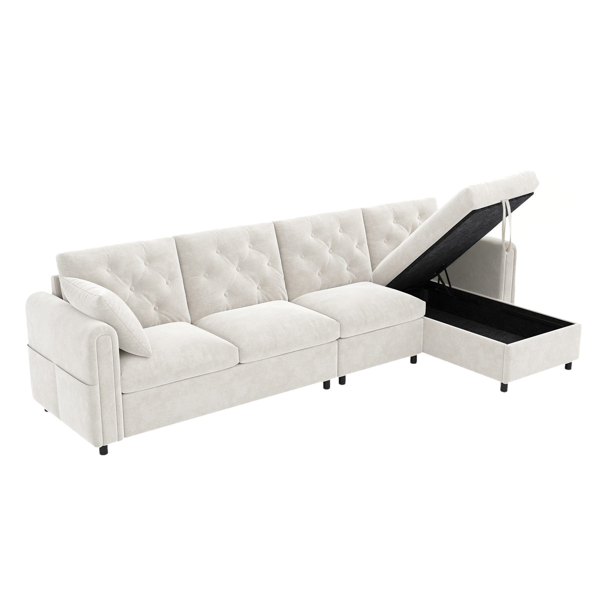 Flieks Ecksofa links und rechts austauschbar, 4-Sitzer, Samtbezug, L-förmiger Sofa mit Schlaffunktion, Bettkasten, Zierkissen und Taschen
