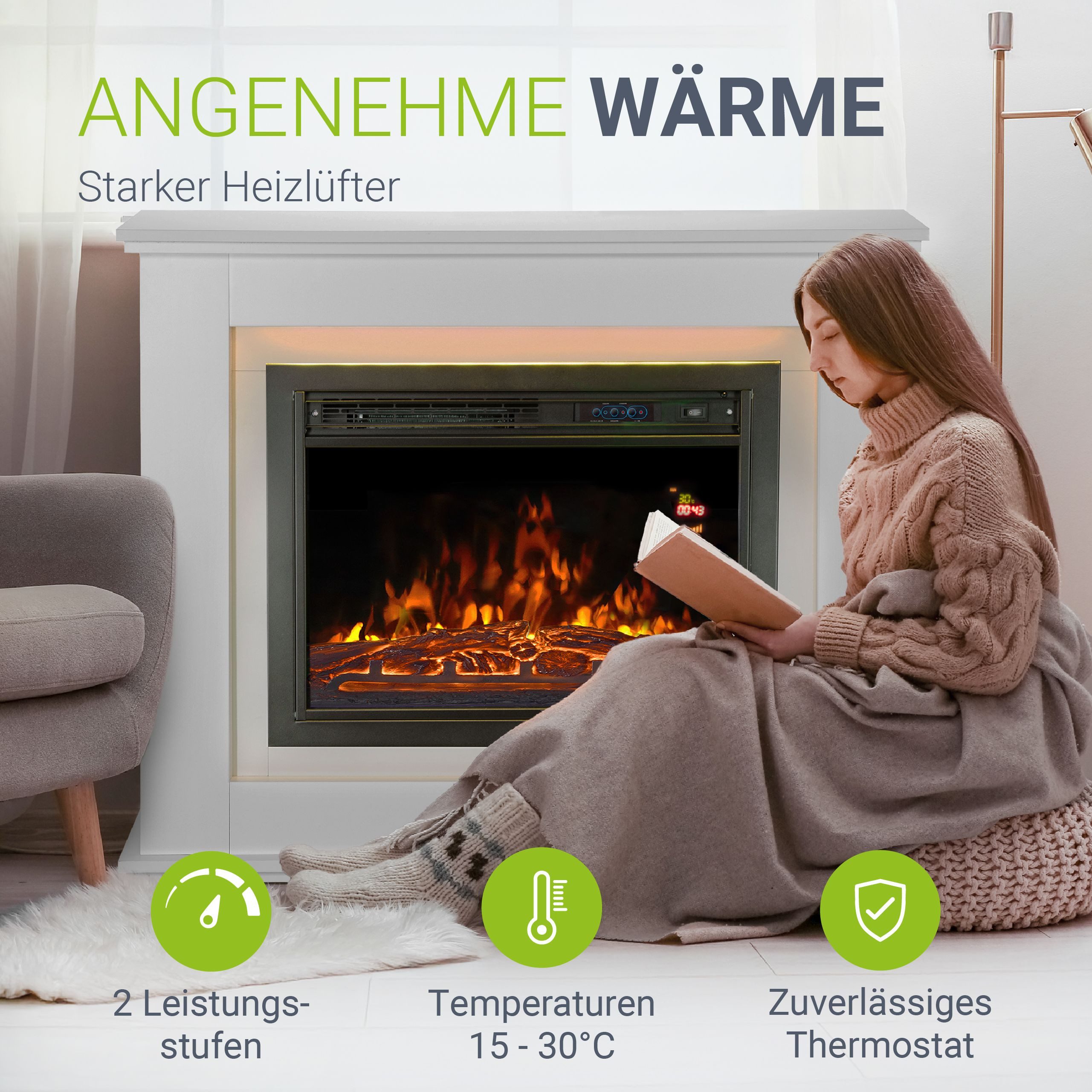 Juskys Elektrokamin, 2000 W Heizung, Flammeneffekt, Fernbedienung, LED-Licht, Timer