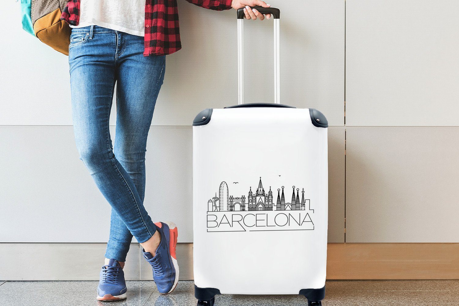 MuchoWow Handgepäckkoffer Skyline von Barcelona" Ferien, rollen, Reisekoffer Rollen, Trolley, für Handgepäck mit Reisetasche Hintergrund, 4 weißem auf