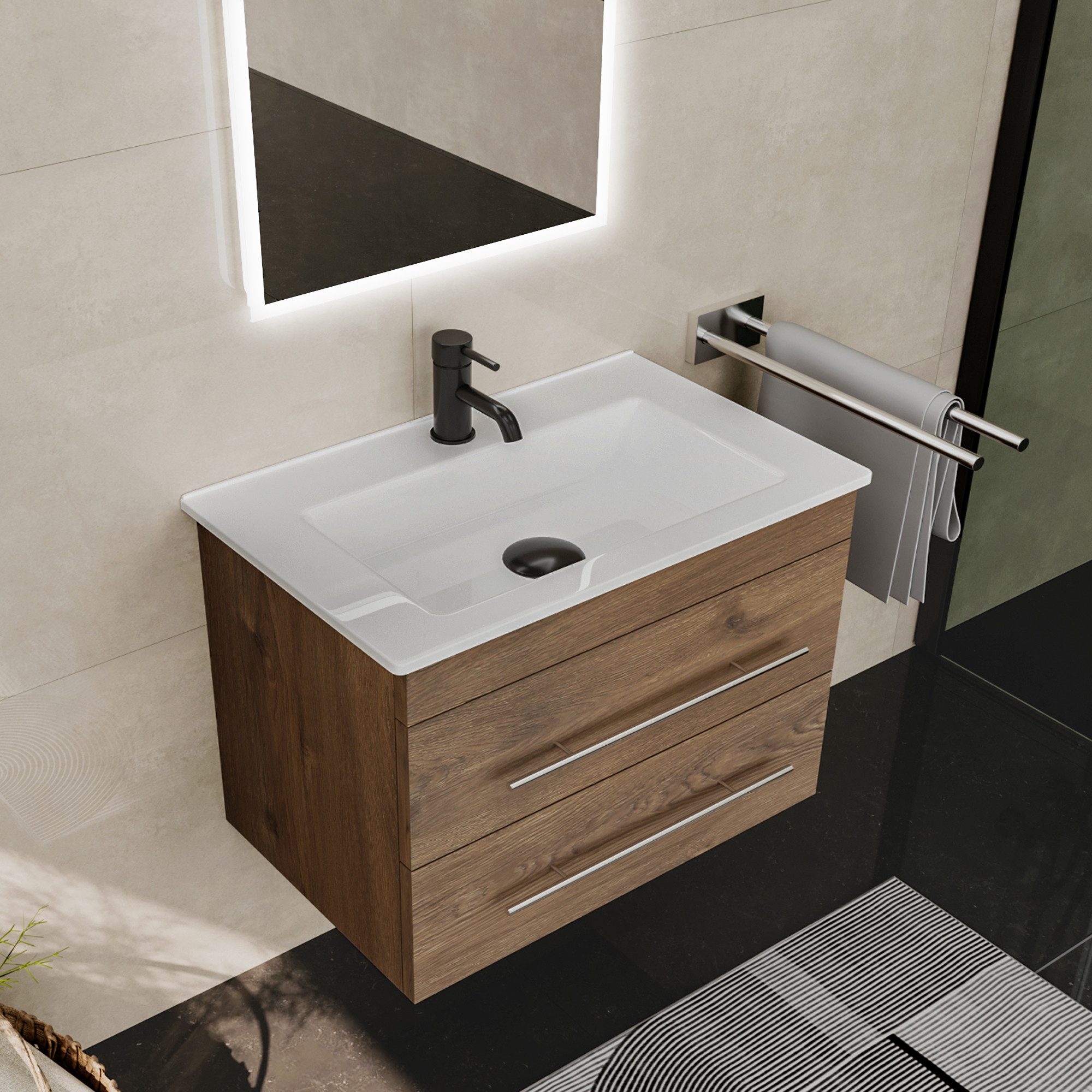 Alpenberger Badmöbel-Set Waschbecken mit Unterschrank - Waschbeckenunterschrank mit Schubladen, (Gäste WC Waschtisch Set, Badezimmer Möbel Set), Waschtisch mit Unterschrank Eiche - 60 cm Breit