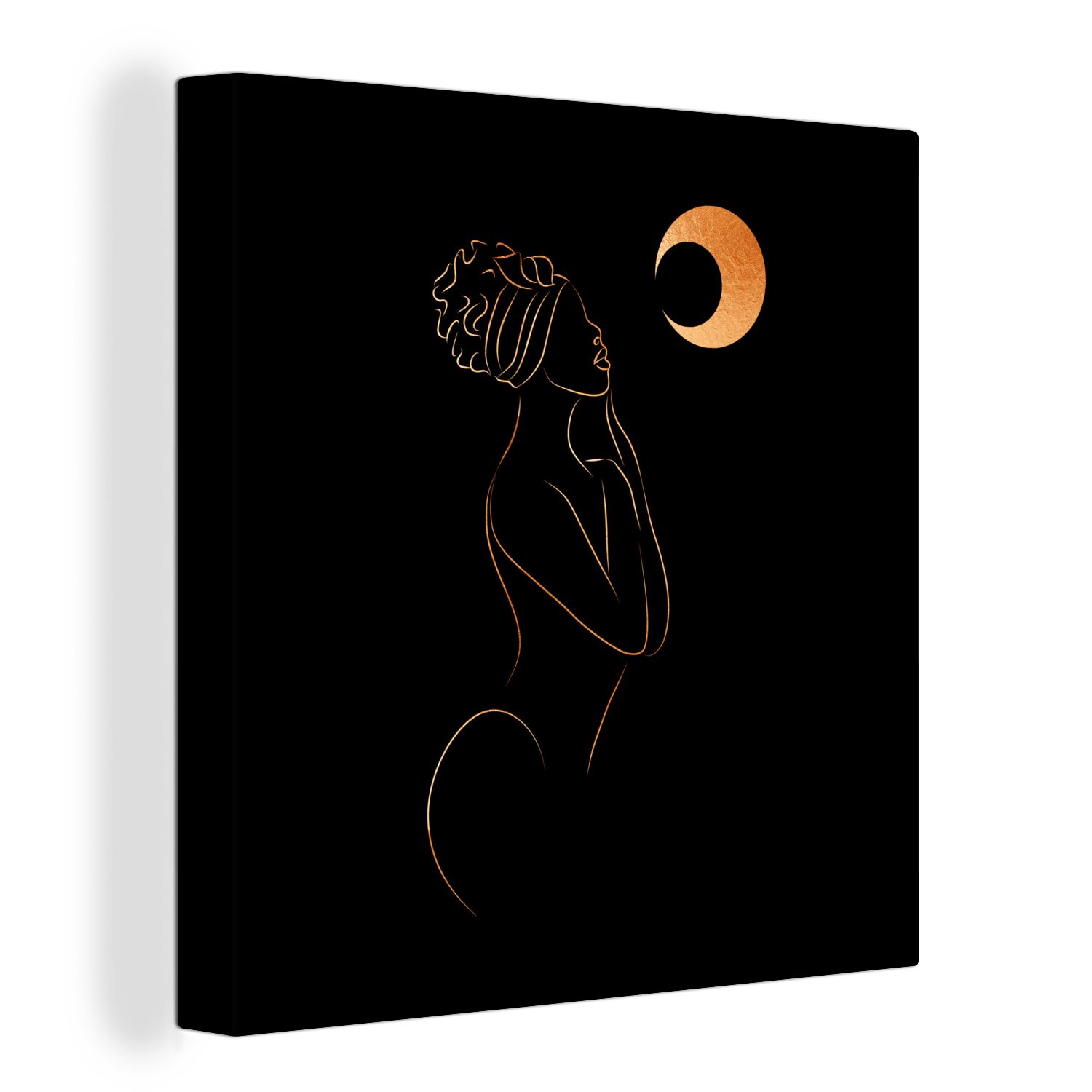 OneMillionCanvasses® Leinwandbild Frau - Mond - Schwarz und Gold - Strichzeichnung, (1 St), Leinwand Bilder für Wohnzimmer Schlafzimmer