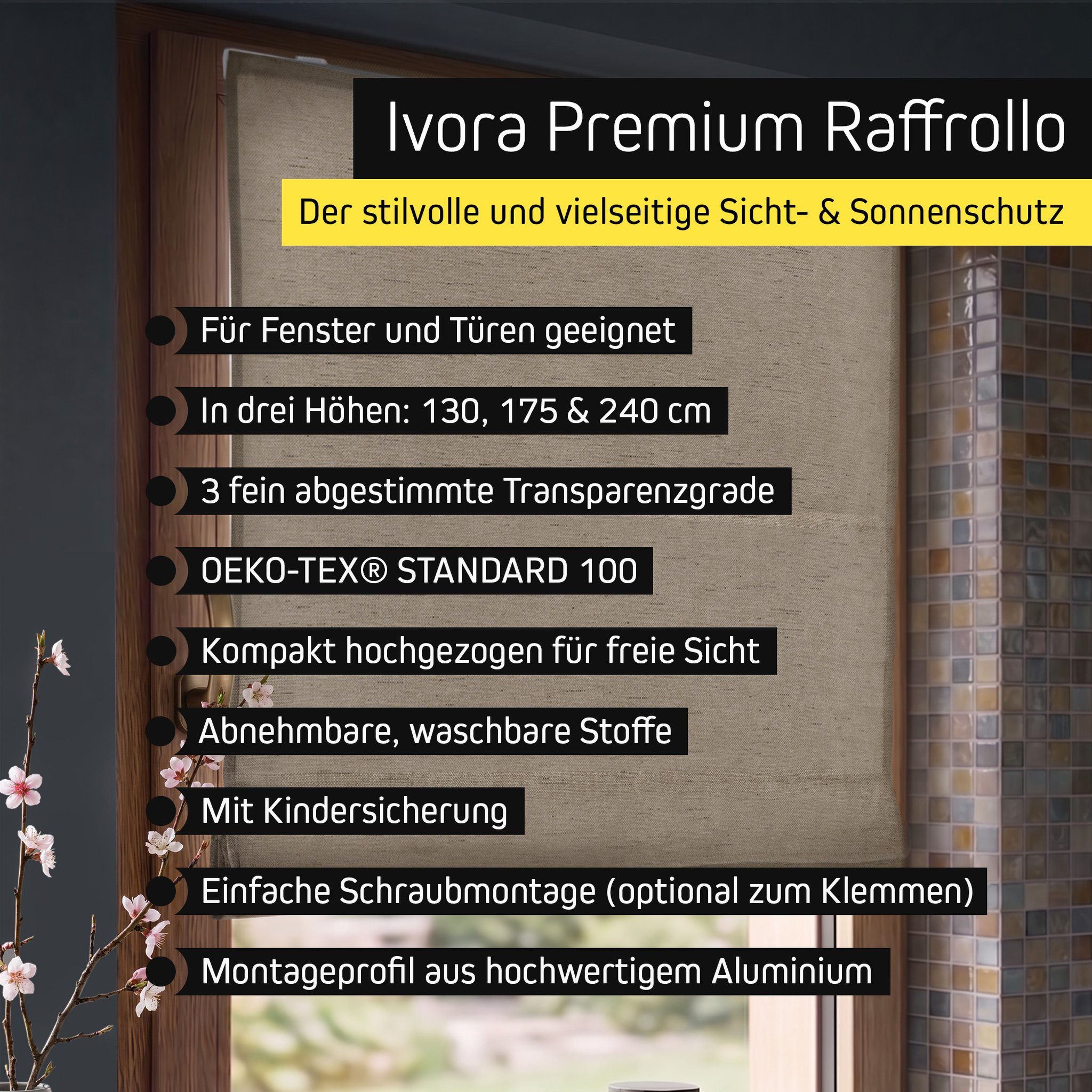 Victoria M. Raffrollo Klemmfix Ivora Premium Raffrollo 40x130cm Creme Verdunkelnd, mit Klemmträger, ohne Bohren, freihängend, Ohne Bohren