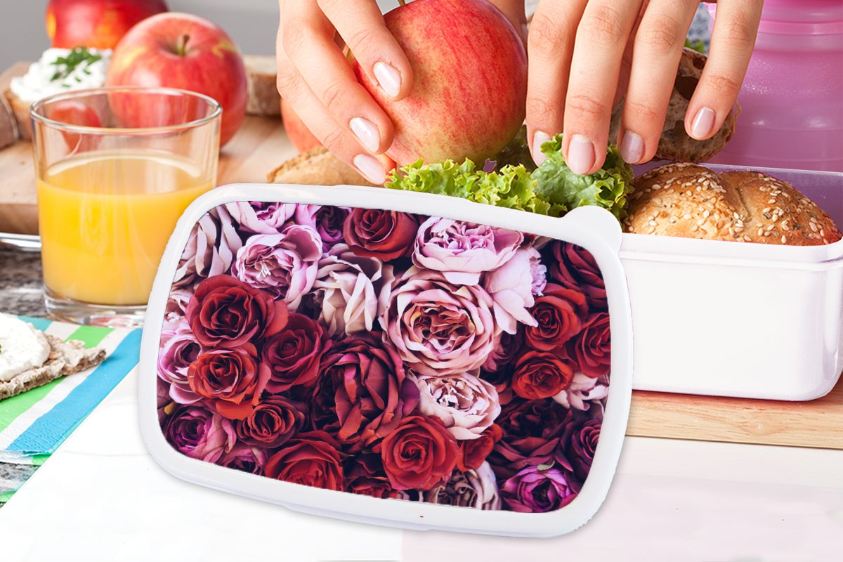 MuchoWow Lunchbox für - - Rosen Rosa, und (2-tlg), und Kinder Mädchen Erwachsene, weiß Rot Jungs Brotdose, für Kunststoff, Brotbox