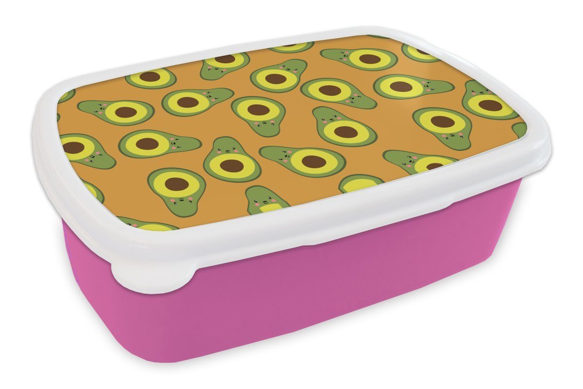 MuchoWow Lunchbox Kawaii - Muster - Avocado, Kunststoff, (2-tlg), Brotbox für Erwachsene, Brotdose Kinder, Snackbox, Mädchen, Kunststoff rosa