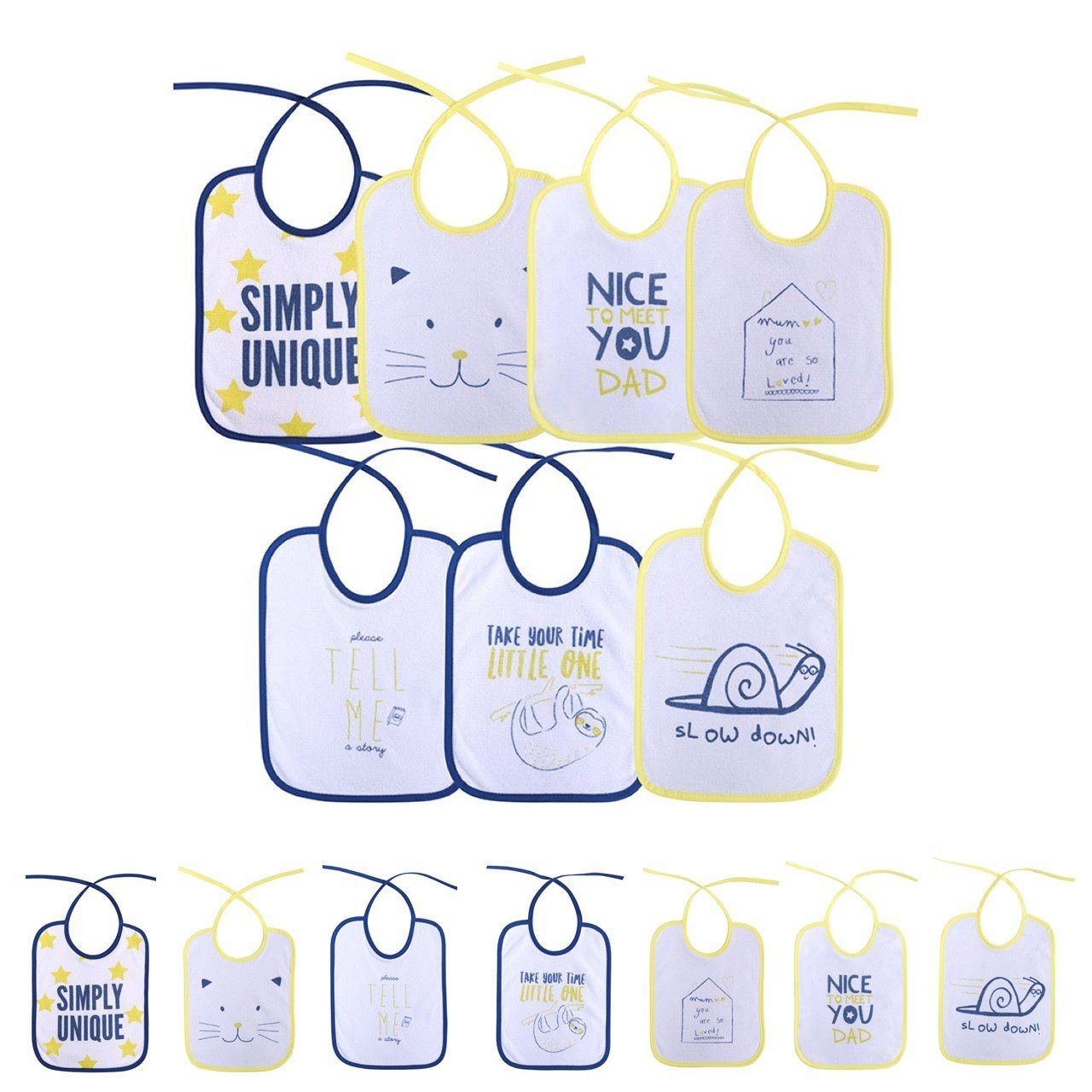 Baby Care Lätzchen Babylatz 7-teiliges Set, (1-St), zweilagig, waschbar, Bindebänder, ab Geburt
